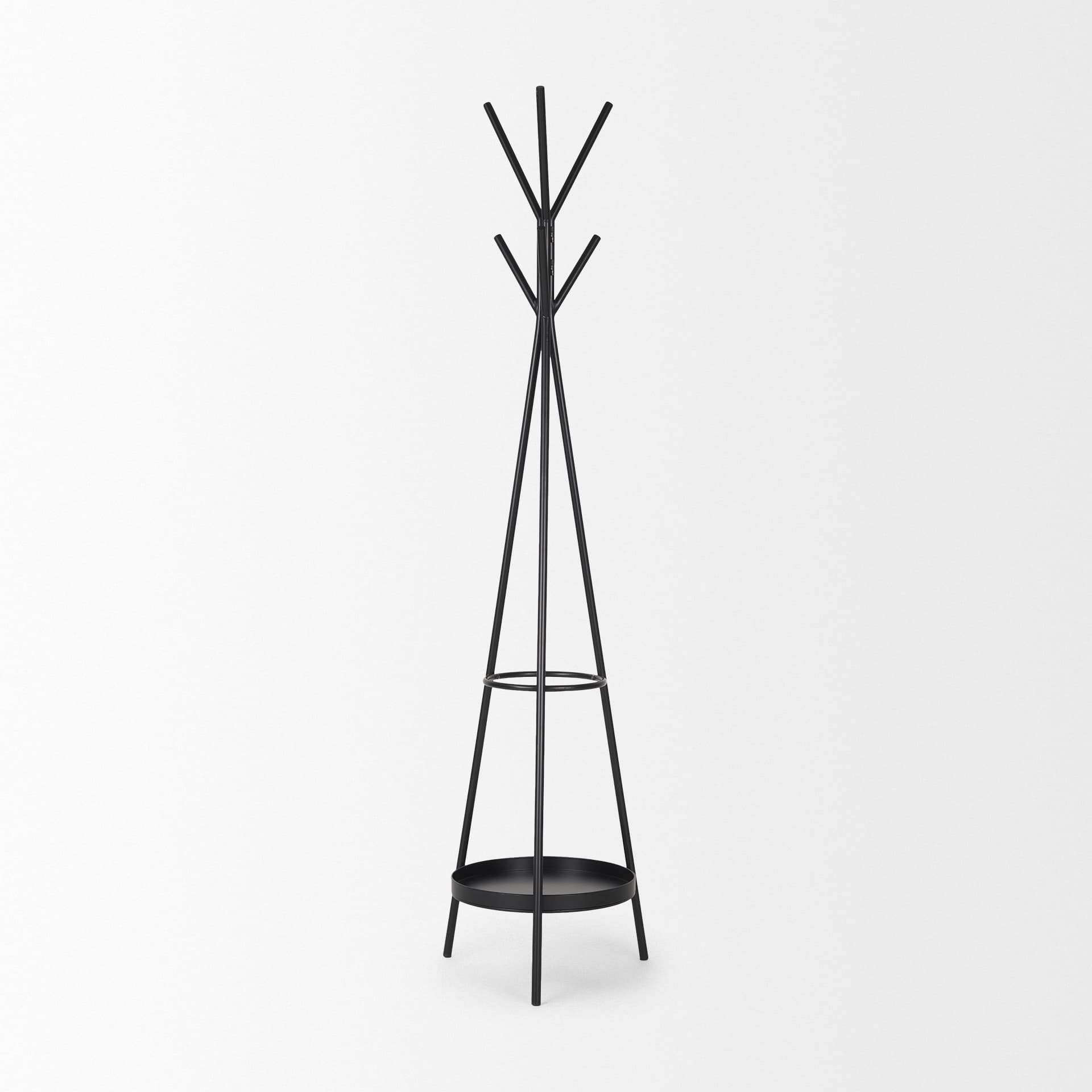 Everett Matte Black Metal w/ Two Metal Shelves Coat Rack — product photograph