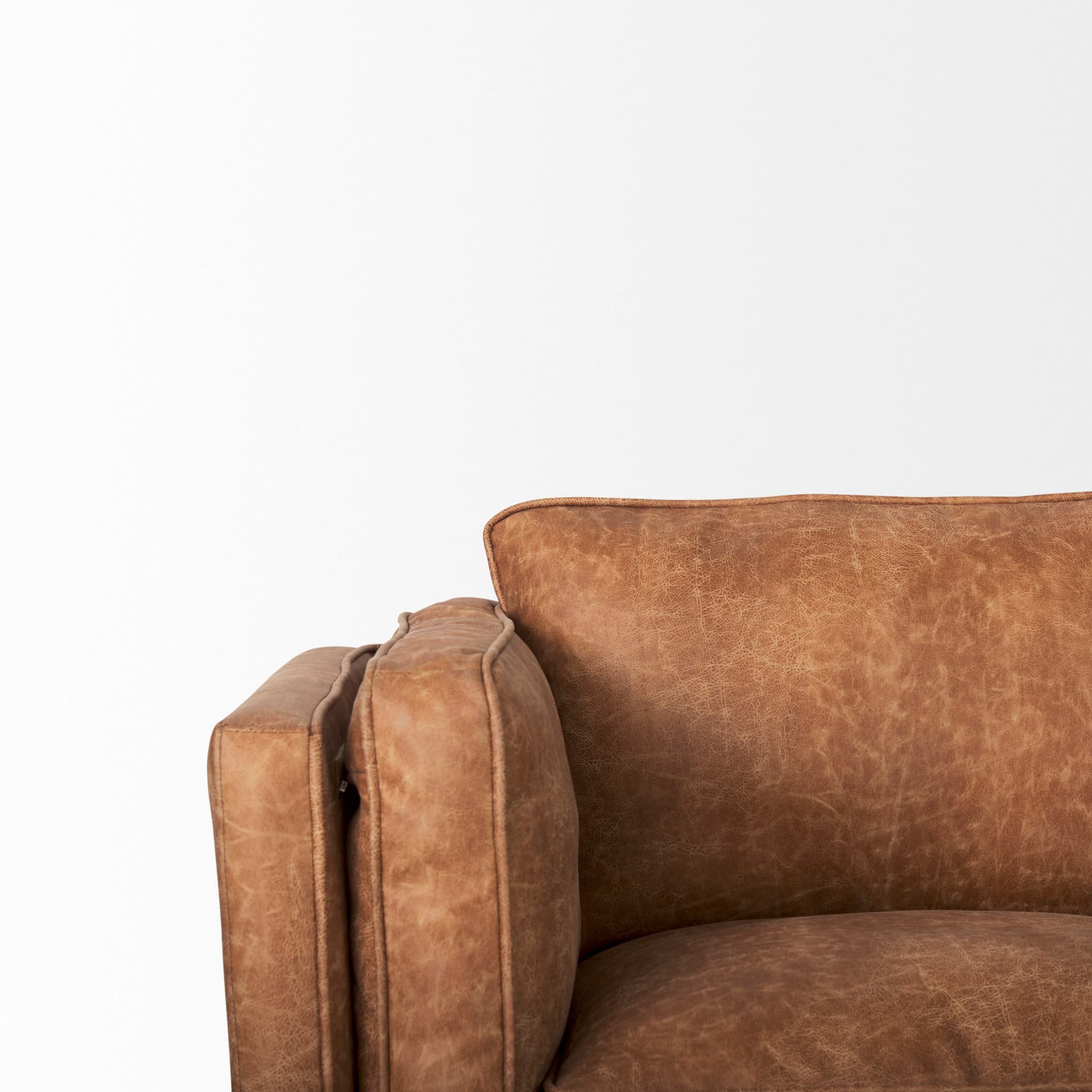 Brooks 90.2L x 34.8W x 33.5H Cognac Brown Faux Leather Three Seater Sofa W/ Medium Brown Wooden Legs — product photograph