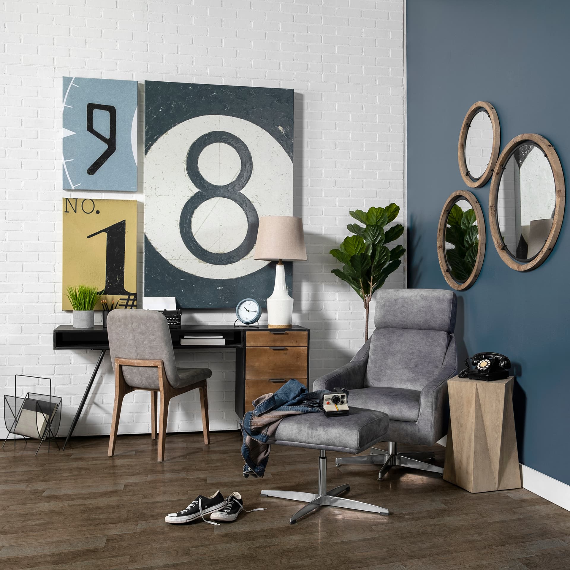 Josi 19" Brown Wood and Black Metal Frame Mirror — in a styled room