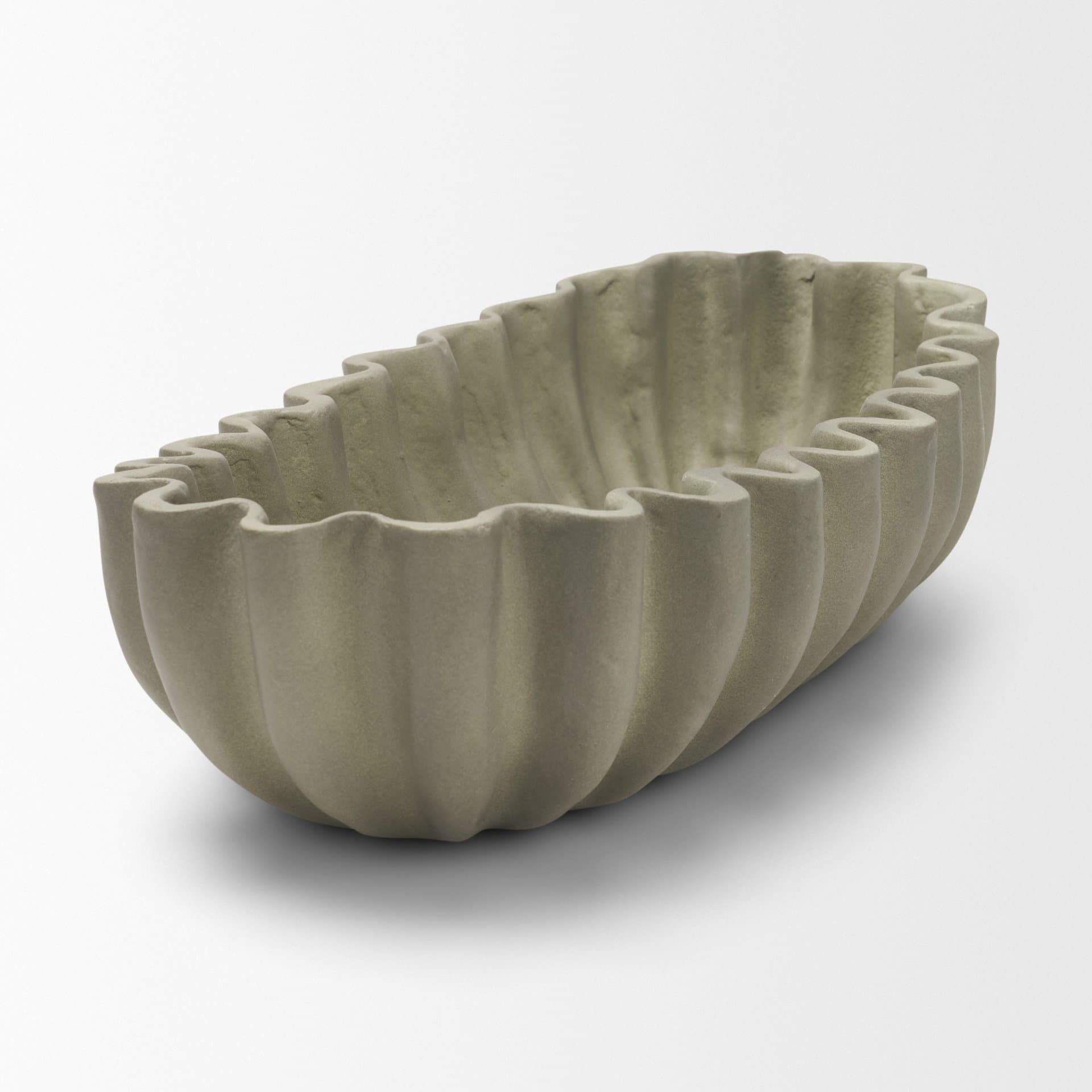 Camelia Large Fluted Sage Green Paper Mache Round Centerpiece Bowl — product photograph