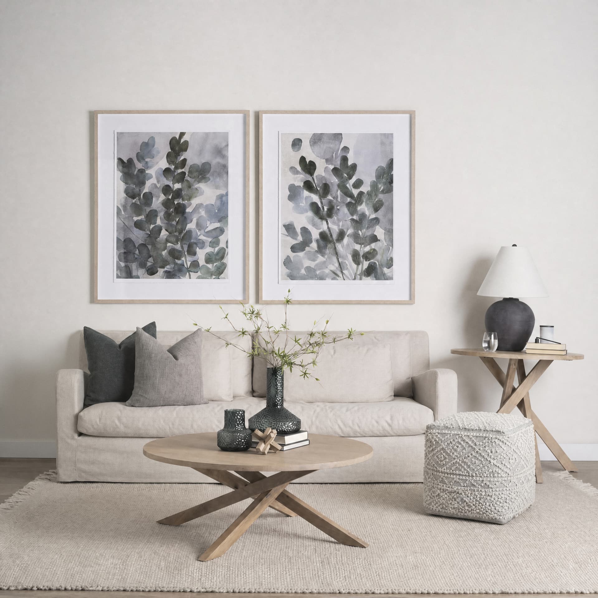 Farida 6.0L x 16.0W x 16.0H Light Gray Wool and Polyester Patterned Pouf — in a styled room