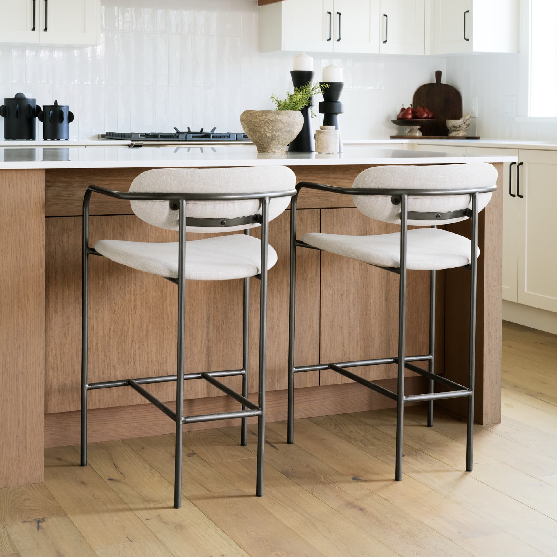 Parker Backless 36in Seat Counter Stool | Beige Fabric w/ Grey Metal — product photograph