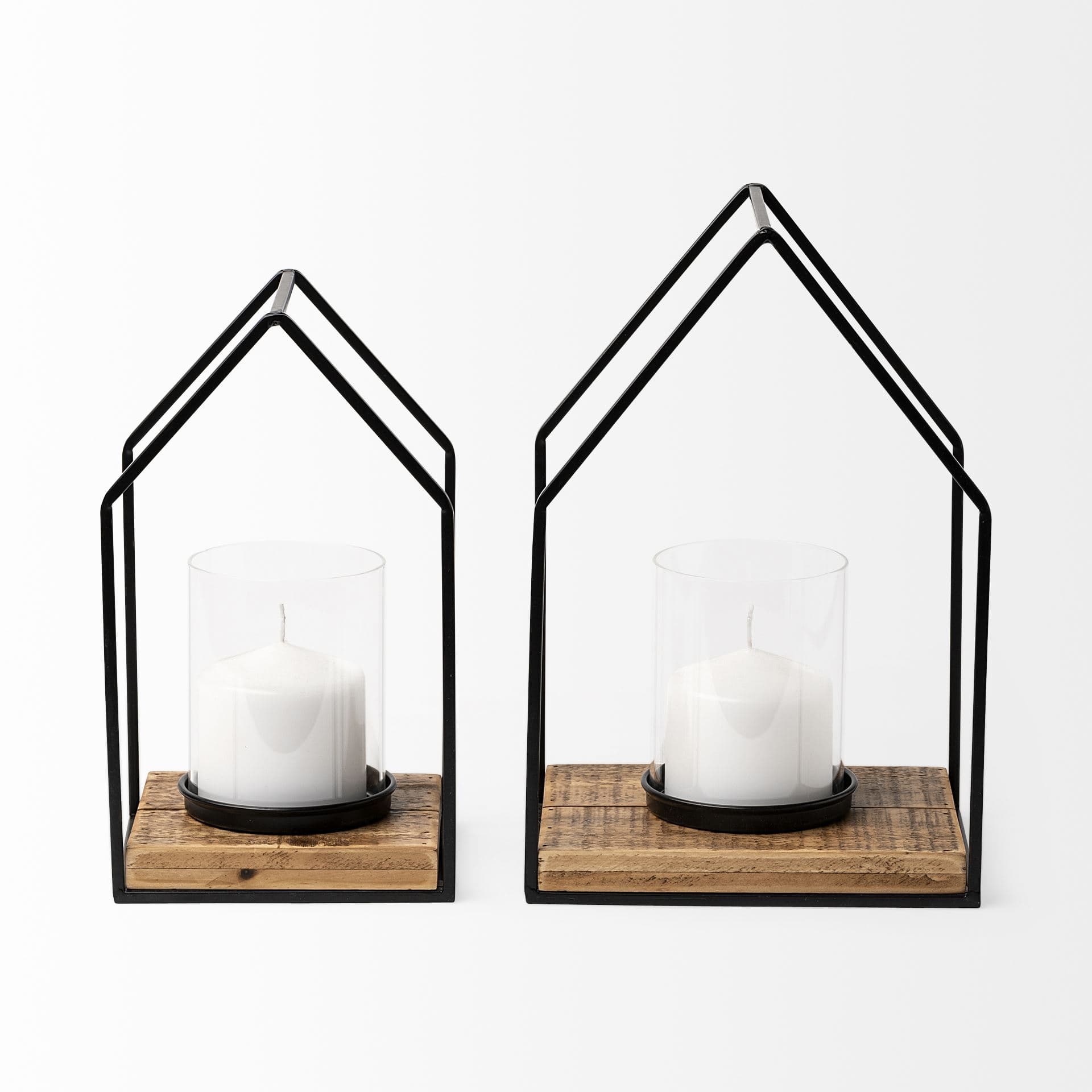 Leopold Set of Two Black Metal Wooden Base Table Candle Holders — product photograph