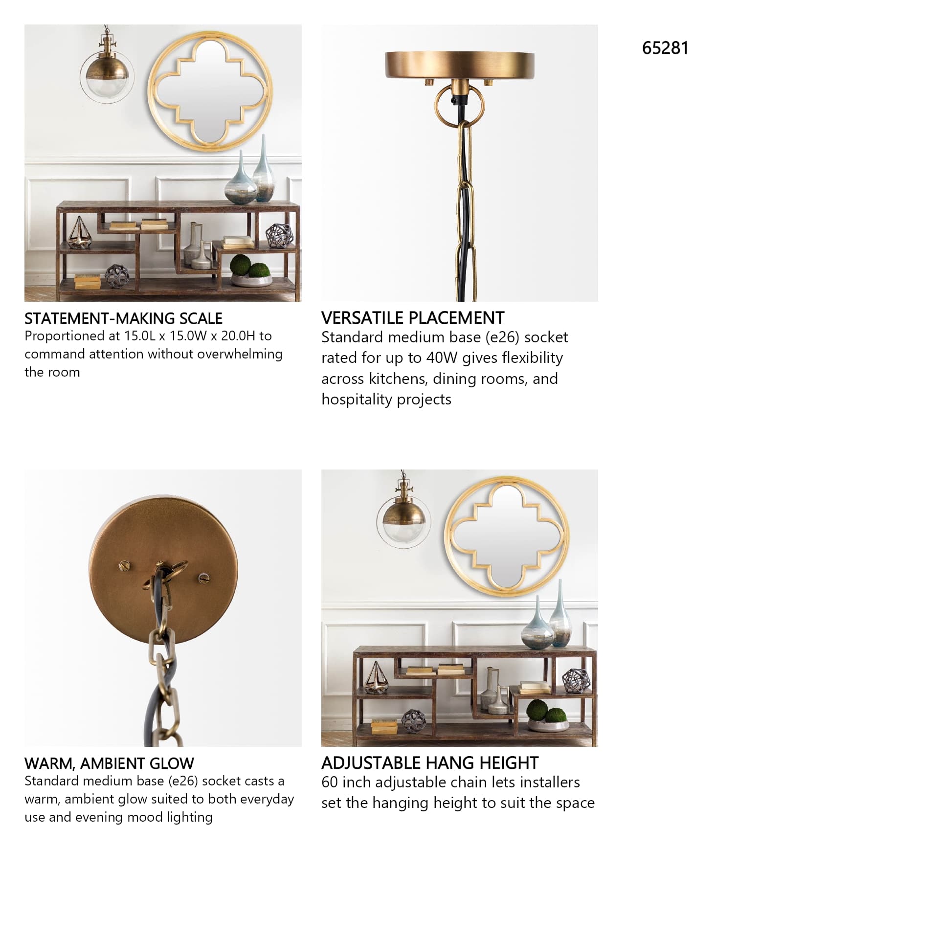 Leighton I 15x20 Gold Toned Metal Spherical Pendant Light — in a styled room