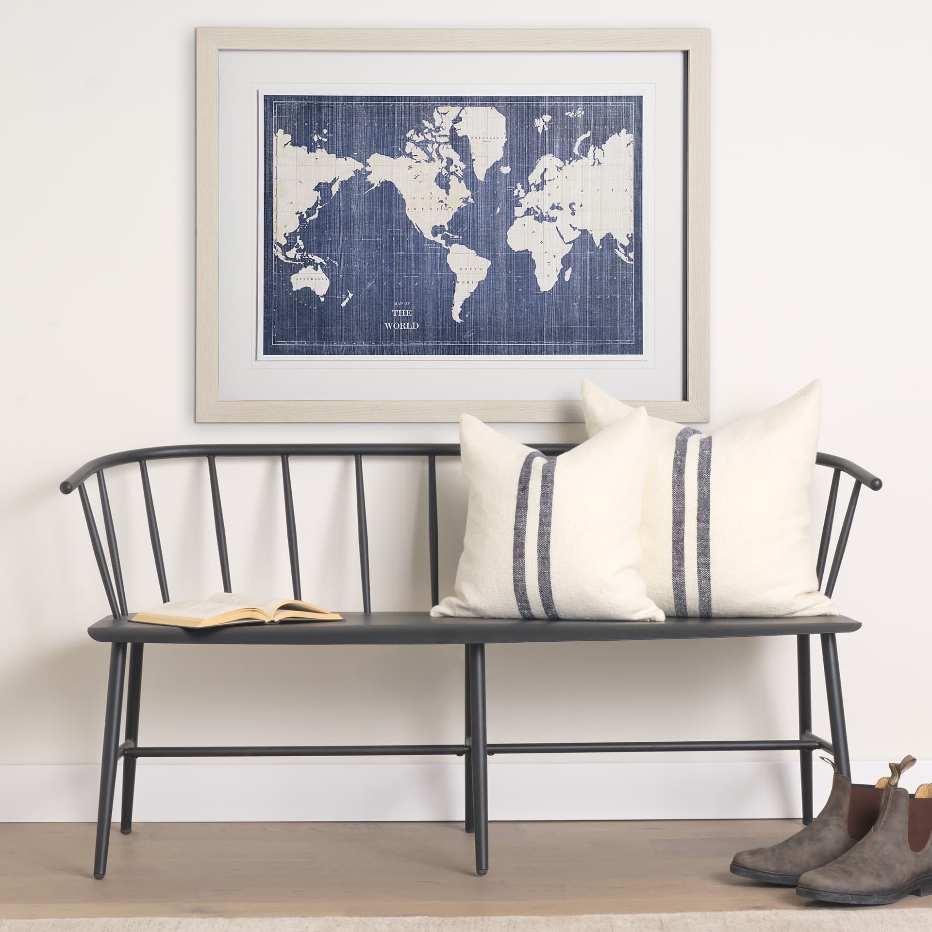 Blueprint World Map by Sue Schlabach a Hand Embellished Textured Framed Art Print Matted under Glass — in a styled room