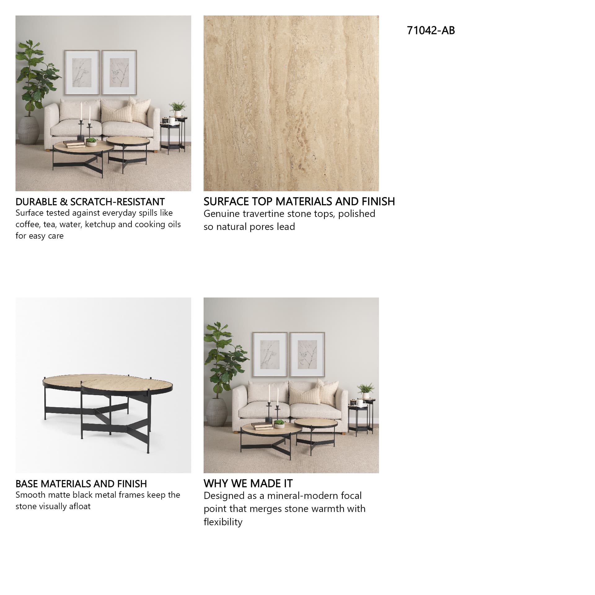 Wade Travertine Marble w/ Matte Black Metal Coffee Tables — product photograph