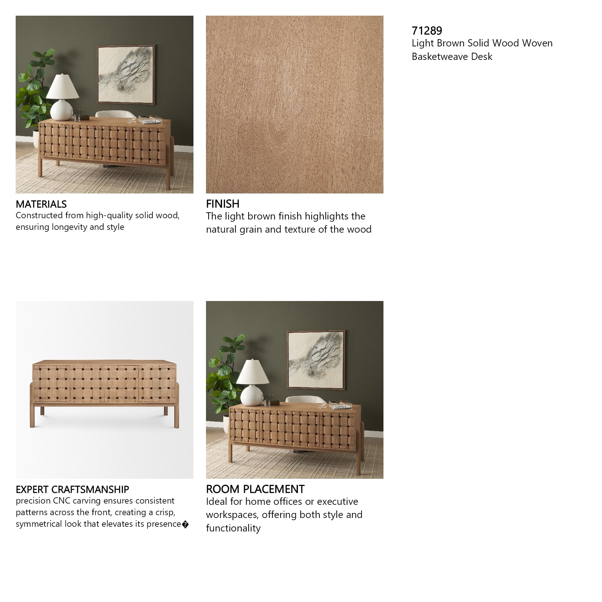 Trellyn Light Brown Solid Wood Carved Woven Desk — product photograph