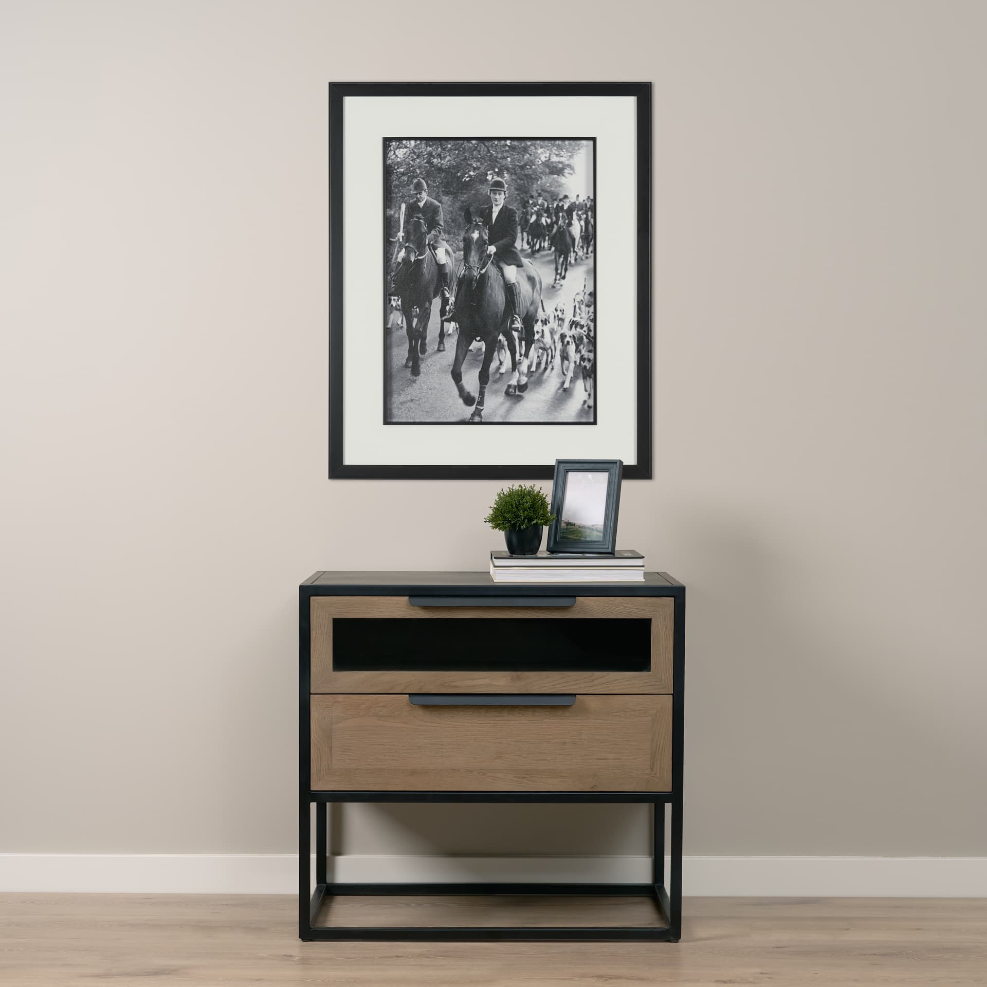 Sloan Light Brown W/ Black Metal Frame Side Table — in a styled room