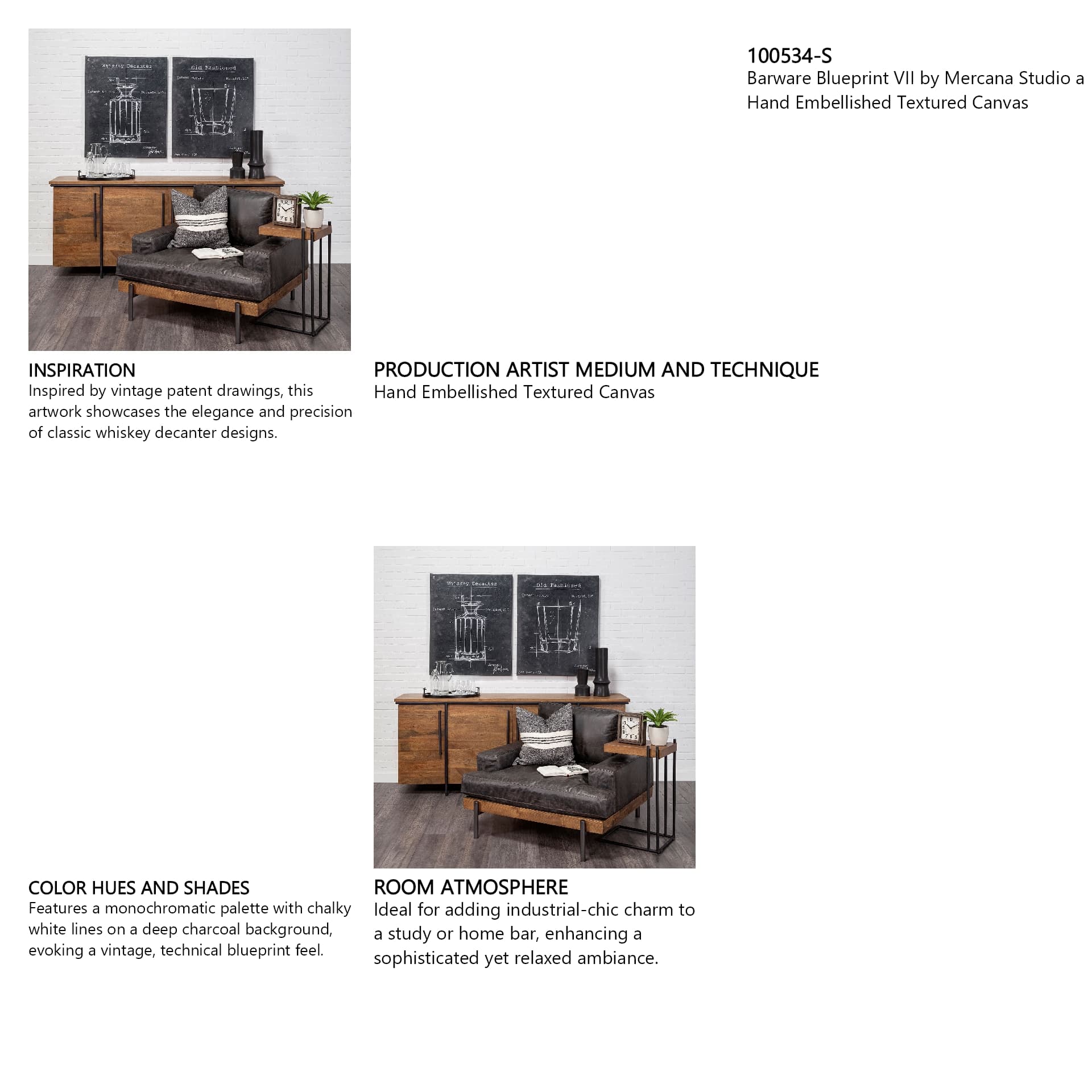 Barware Blueprint VII by Mercana Studio a Hand Embellished Textured Canvas — in a styled room