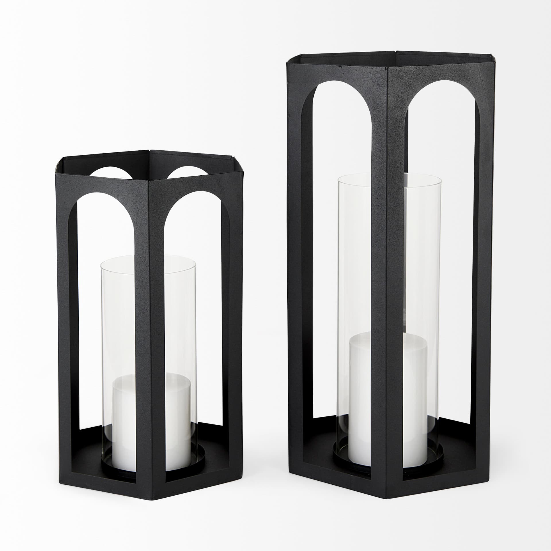 Balley 9.4L x 9.4W x 19.7H Set of Two Matte Black Metal Hexagonal Candle Holder Lanterns — product photograph