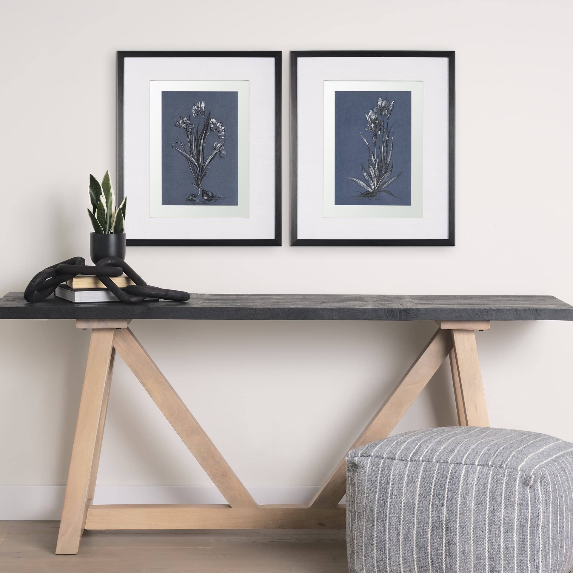 Botanical sketches III (Blue) by Mercana Studio Hand Embellished Framed Art Print Matted under Glass — in a styled room