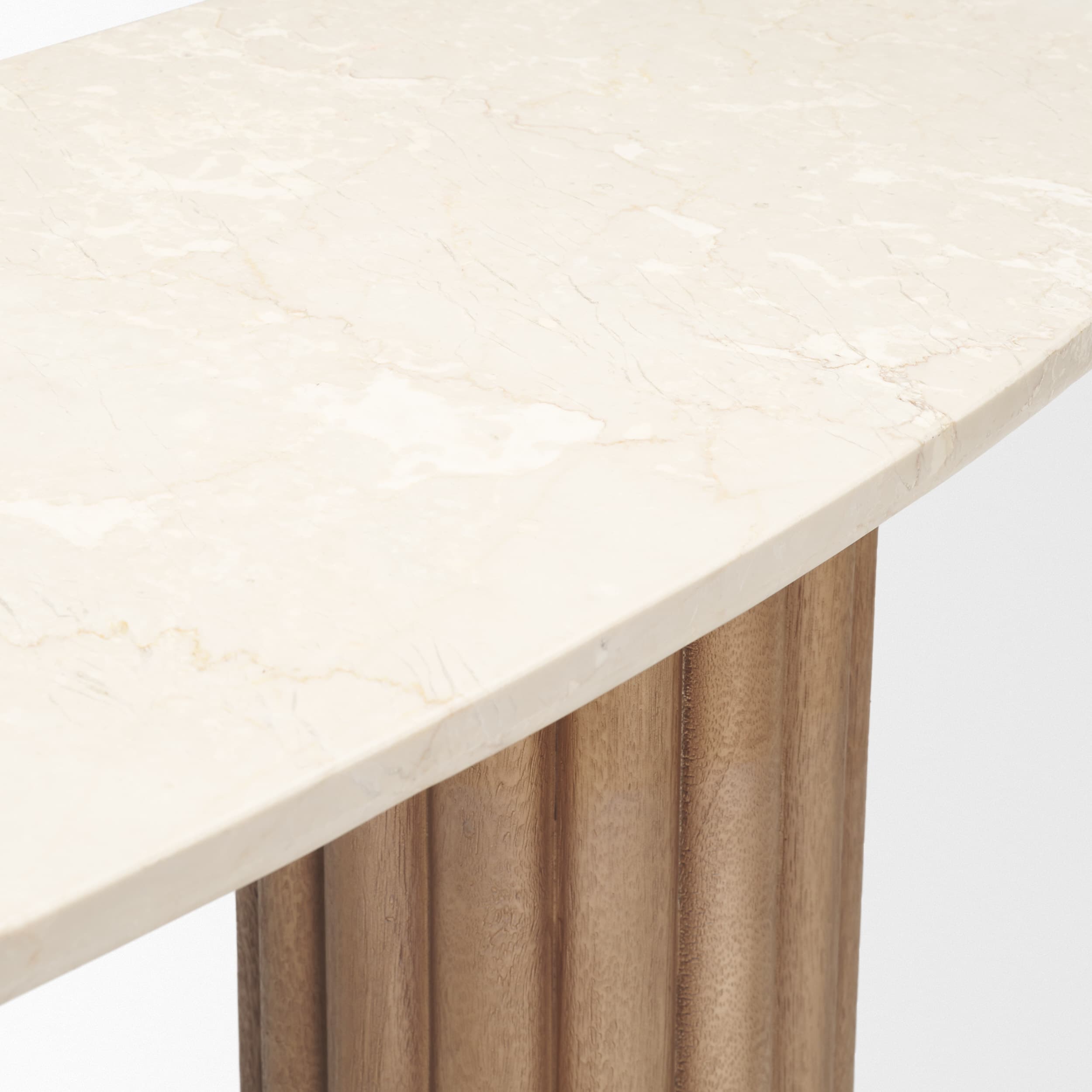 Marbrello Botticino Marble Top Light Brown Fluted Wood Half Moon Console Table — product photograph
