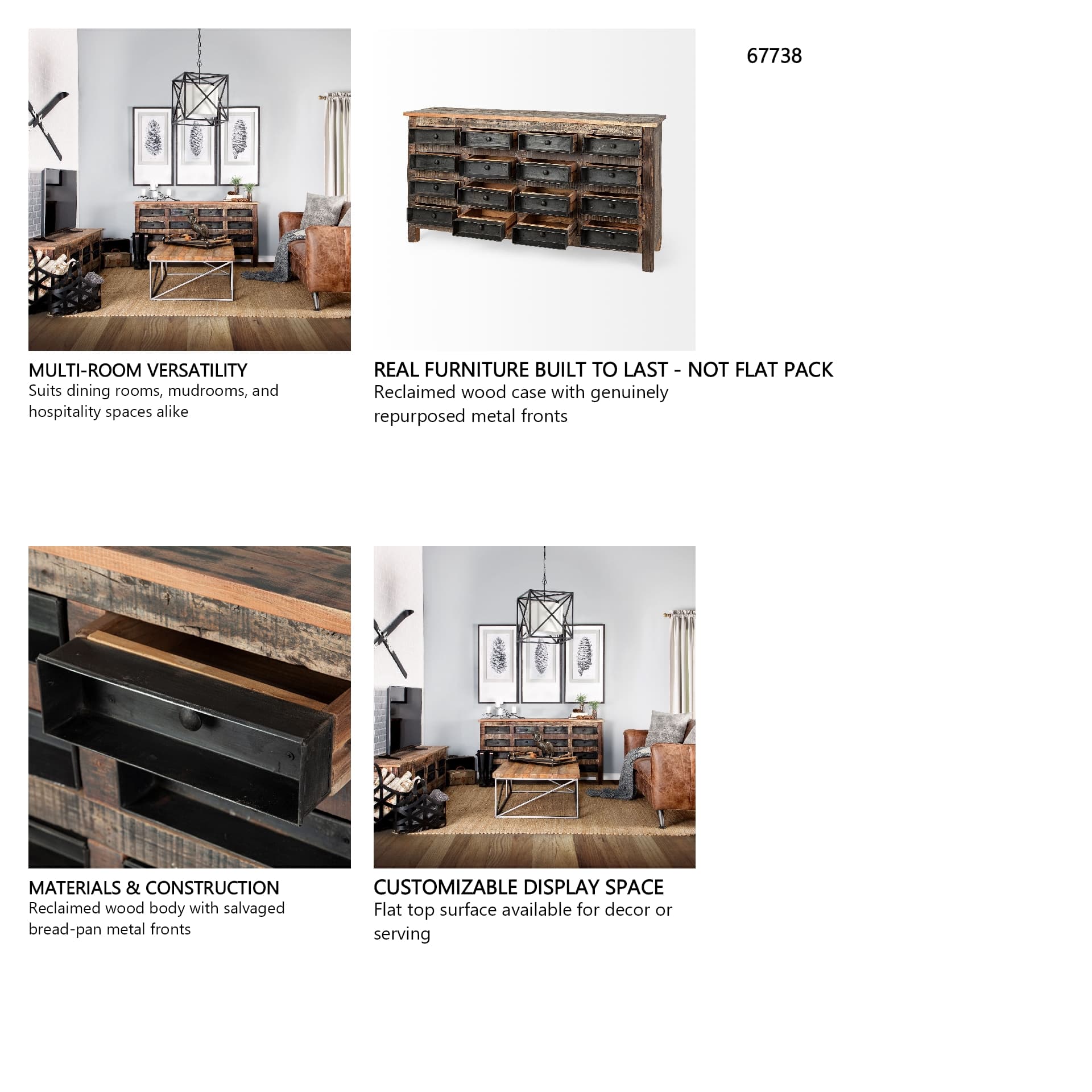 Wilton I 63x16 Reclaimed Wood and Metal 16 Drawer Sideboard — in a styled room