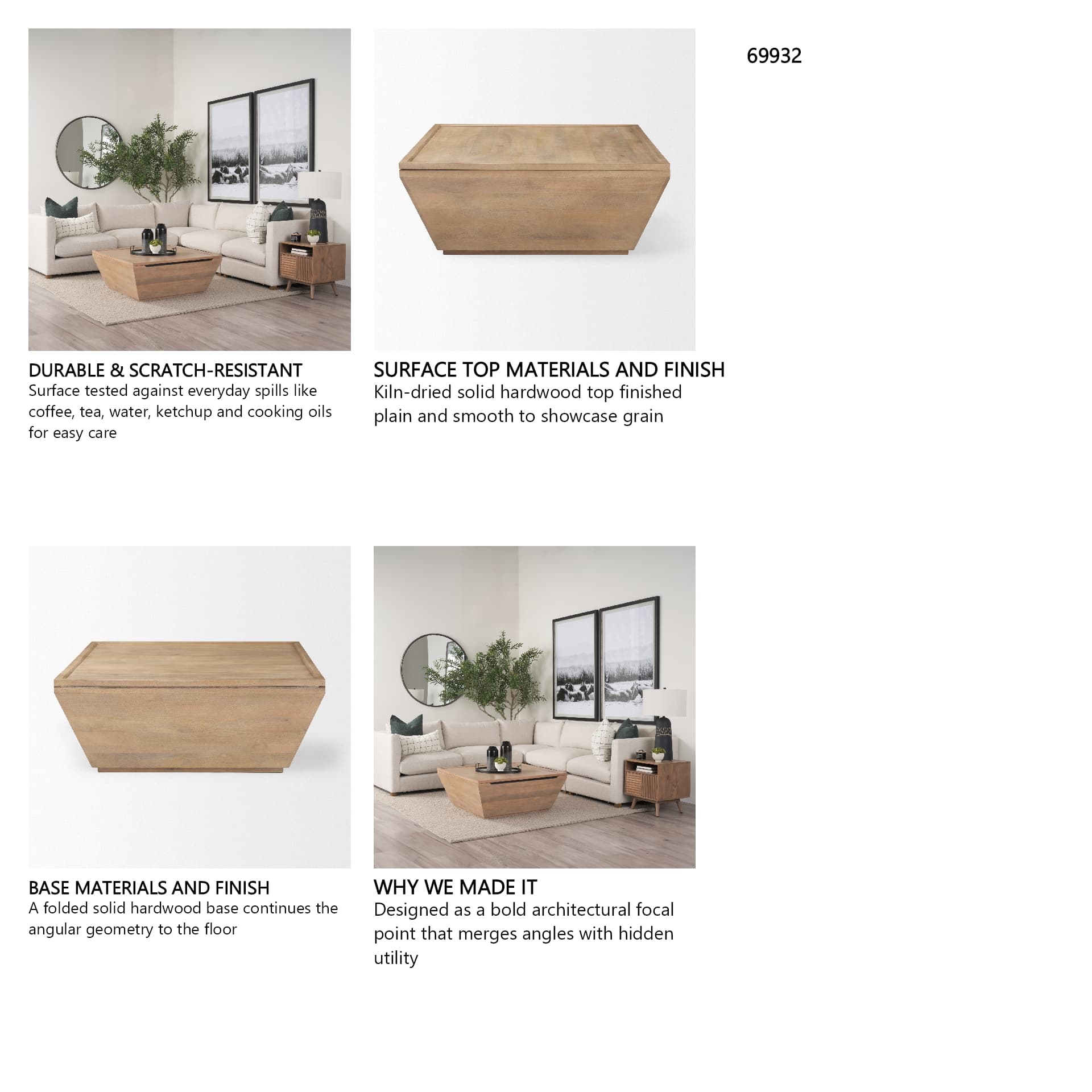 Wyatt 41.0L x 41.0W x 16.0H Brown Wood Angular Coffee Table — in a styled room