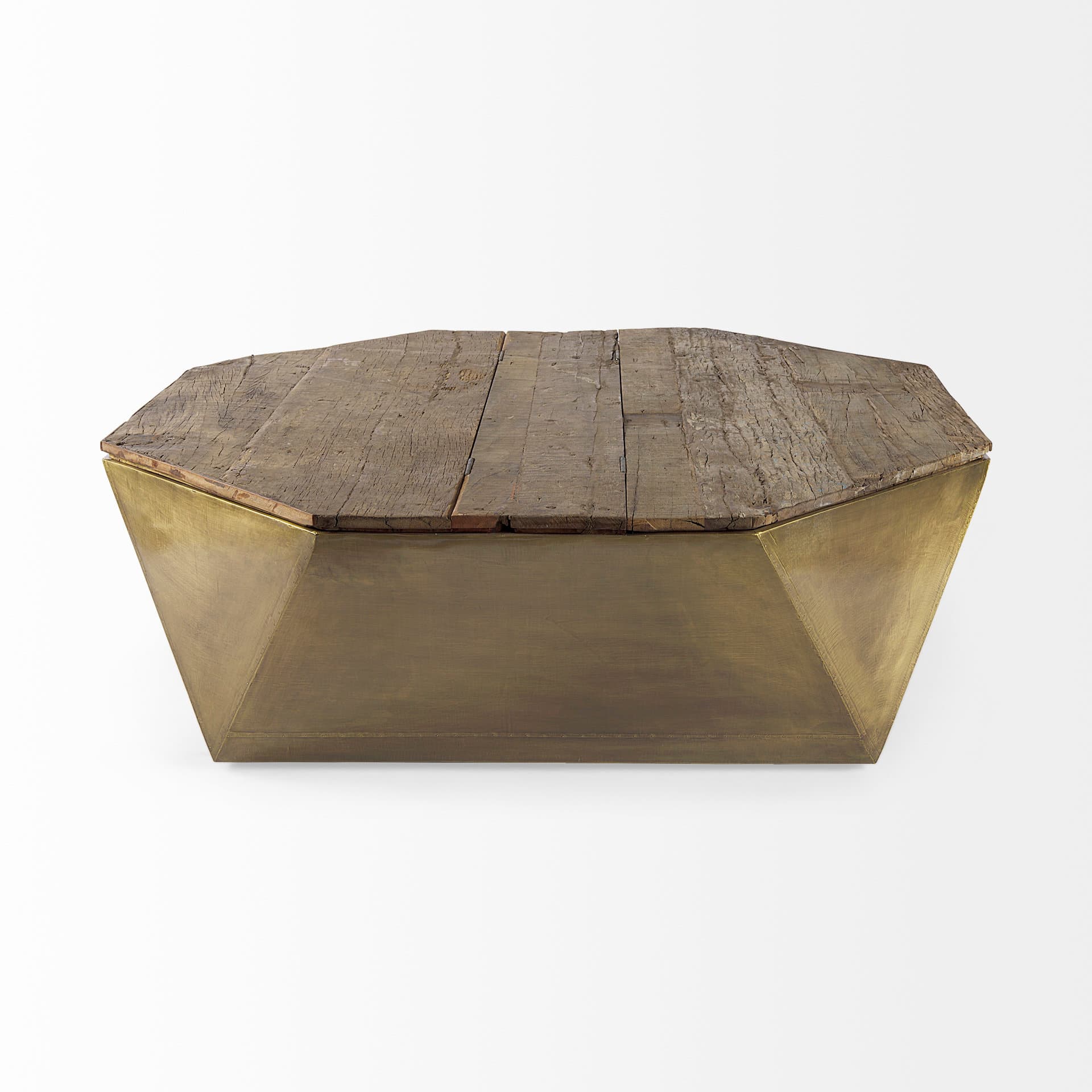 Esagono Octagonal Gold Metal-Clad Reclaimed Wood Coffee Table w/ Storage — product photograph