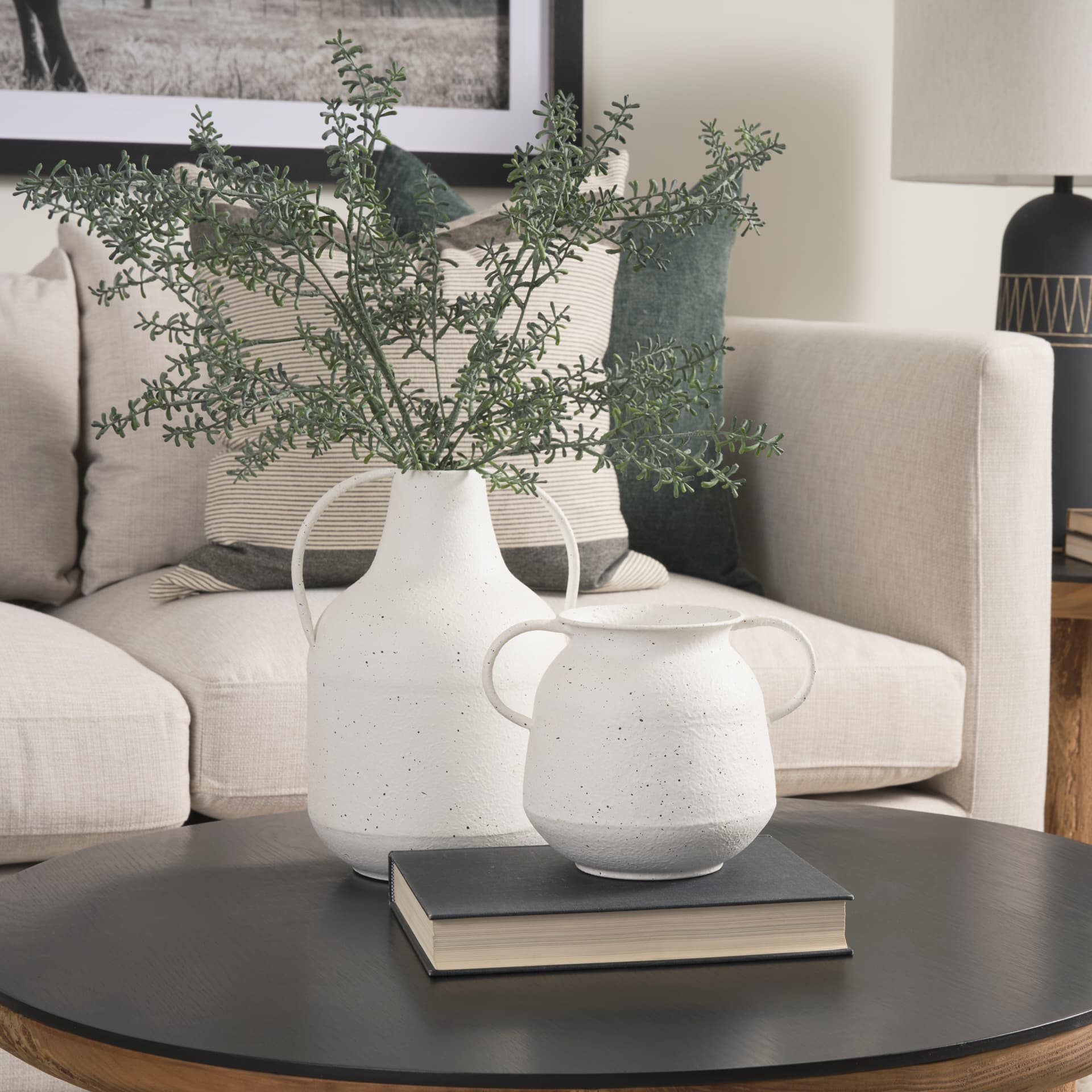 Treva Small White w/ Black Speckles Metal Vase — product photograph