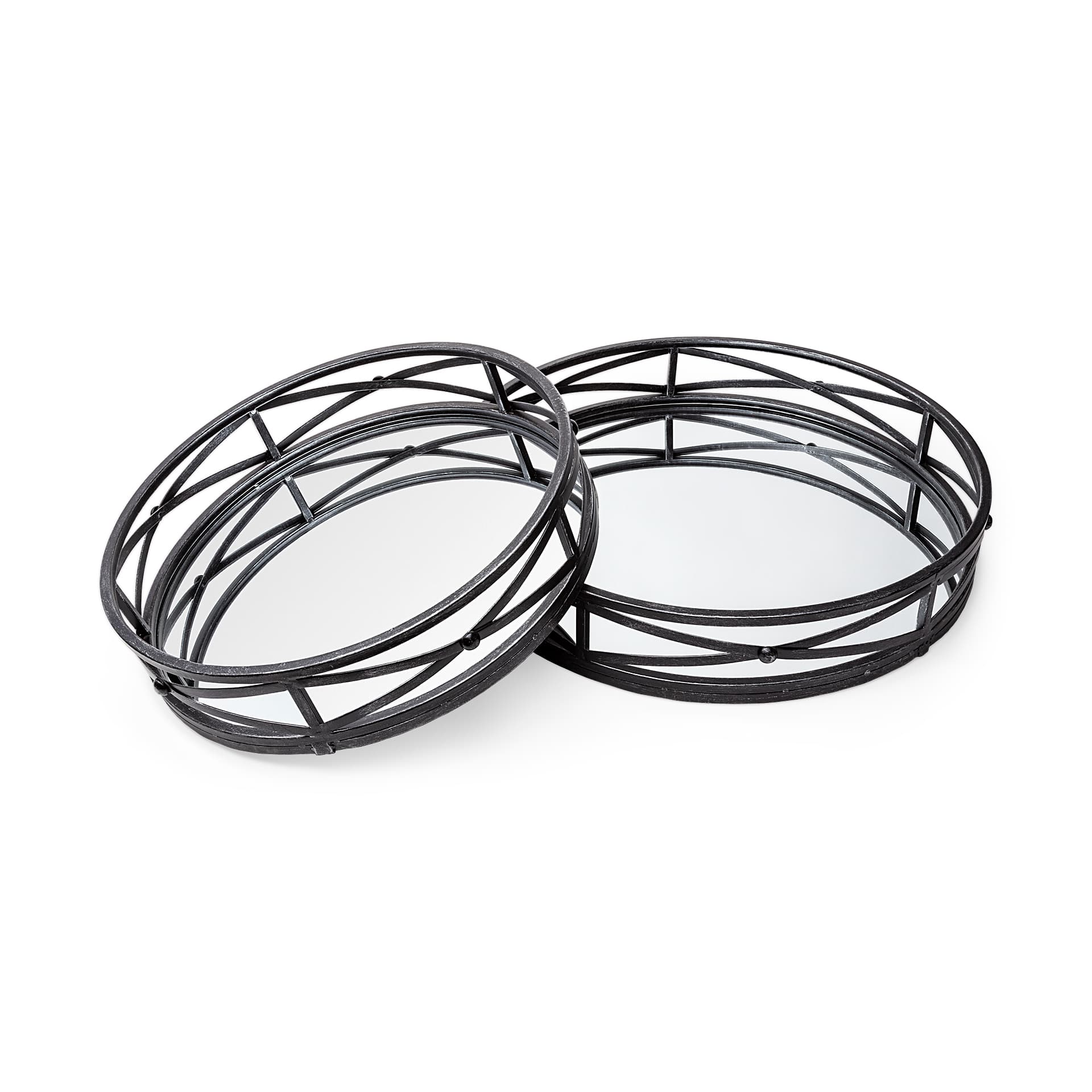 Piers (Set of 2) Black Metal Mirrored Round Trays — product photograph