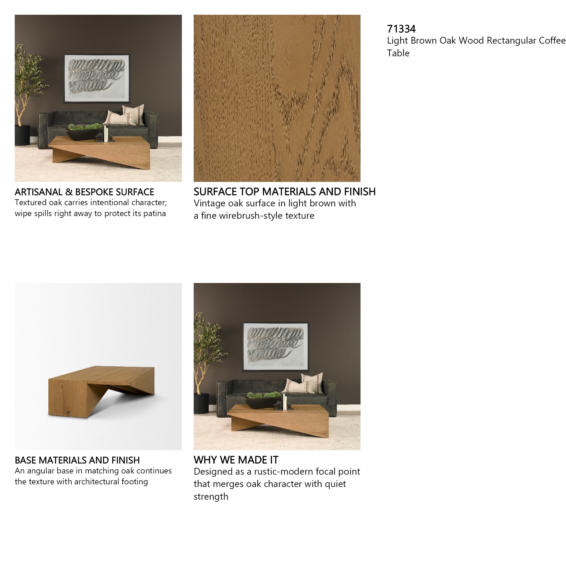West Light Brown Oak Wood Rectangular Coffee Table — in a styled room