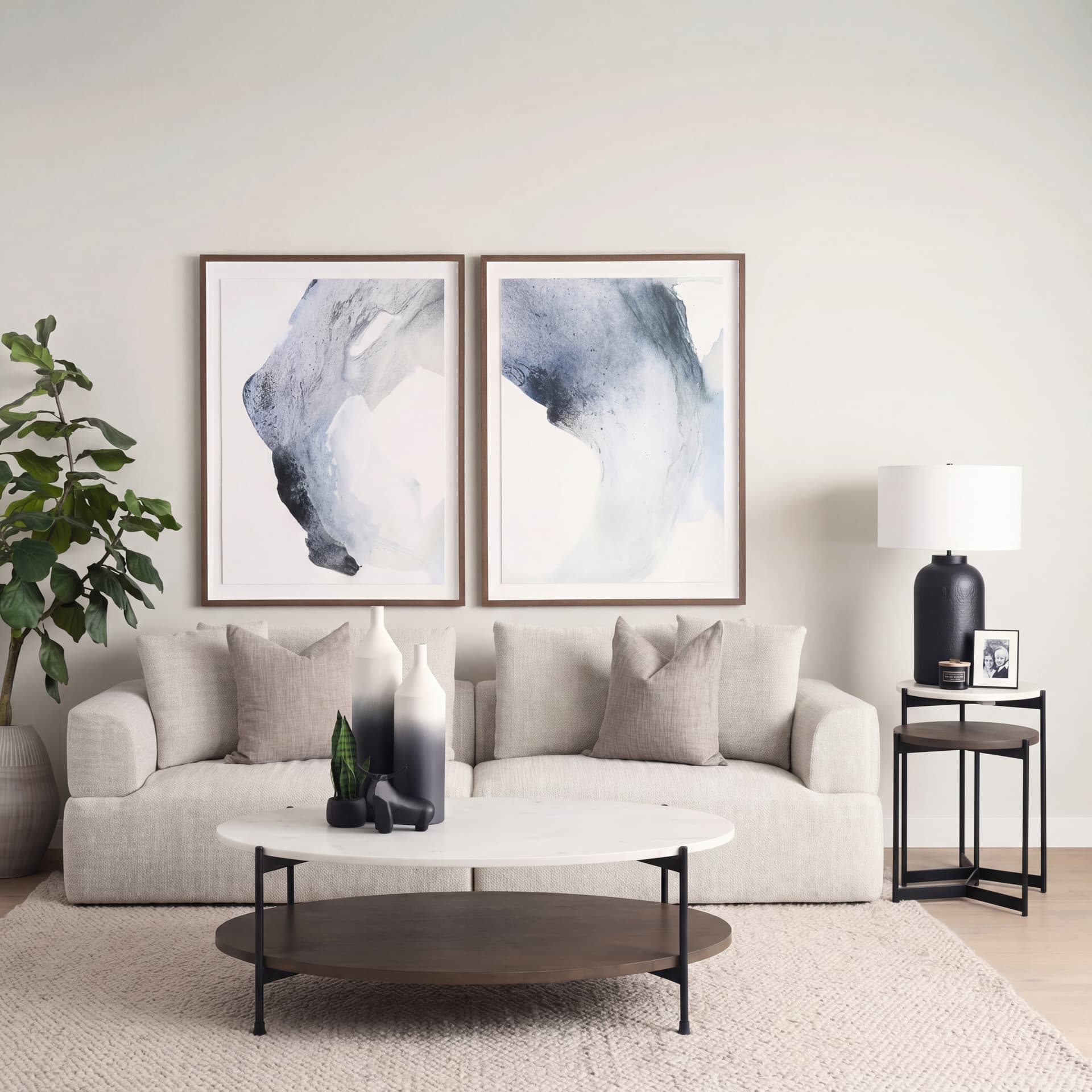 Larkin White Marble Top w/ Dark Brown Wood Shelf Oval Coffee Table — in a styled room