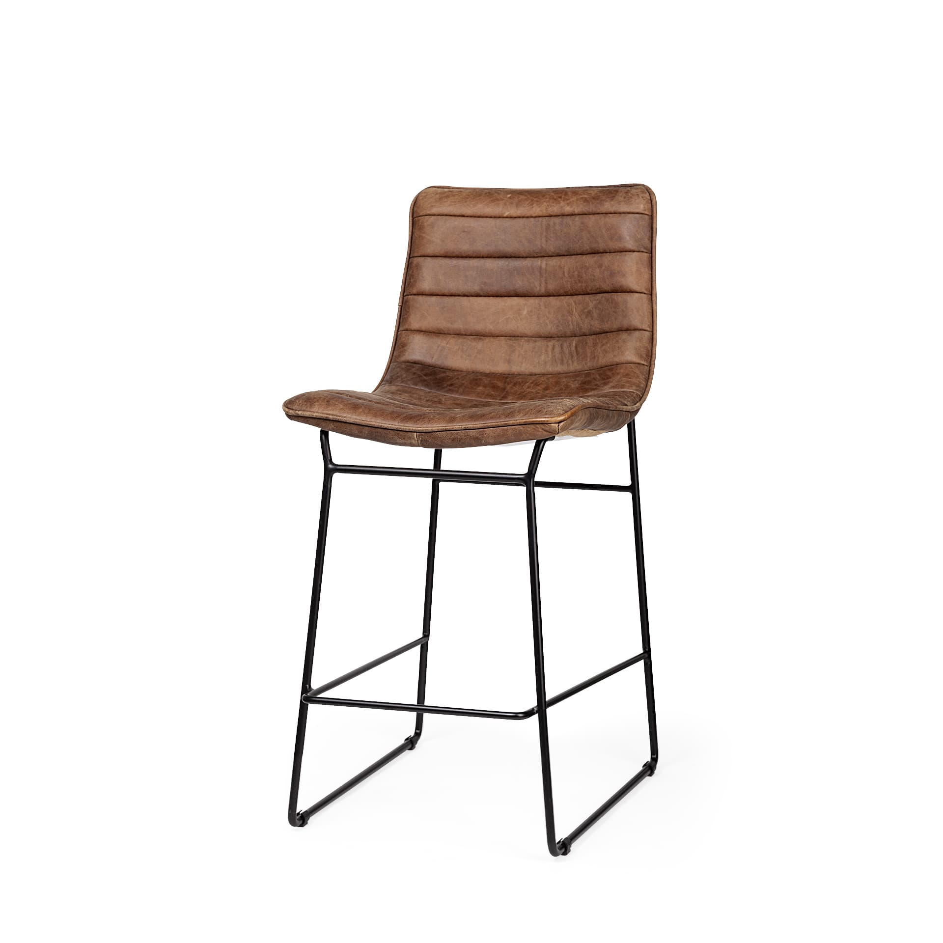 Meritt Low Back 37.8in Seat Counter Stool | Brown Leather w/ Metal — product photograph