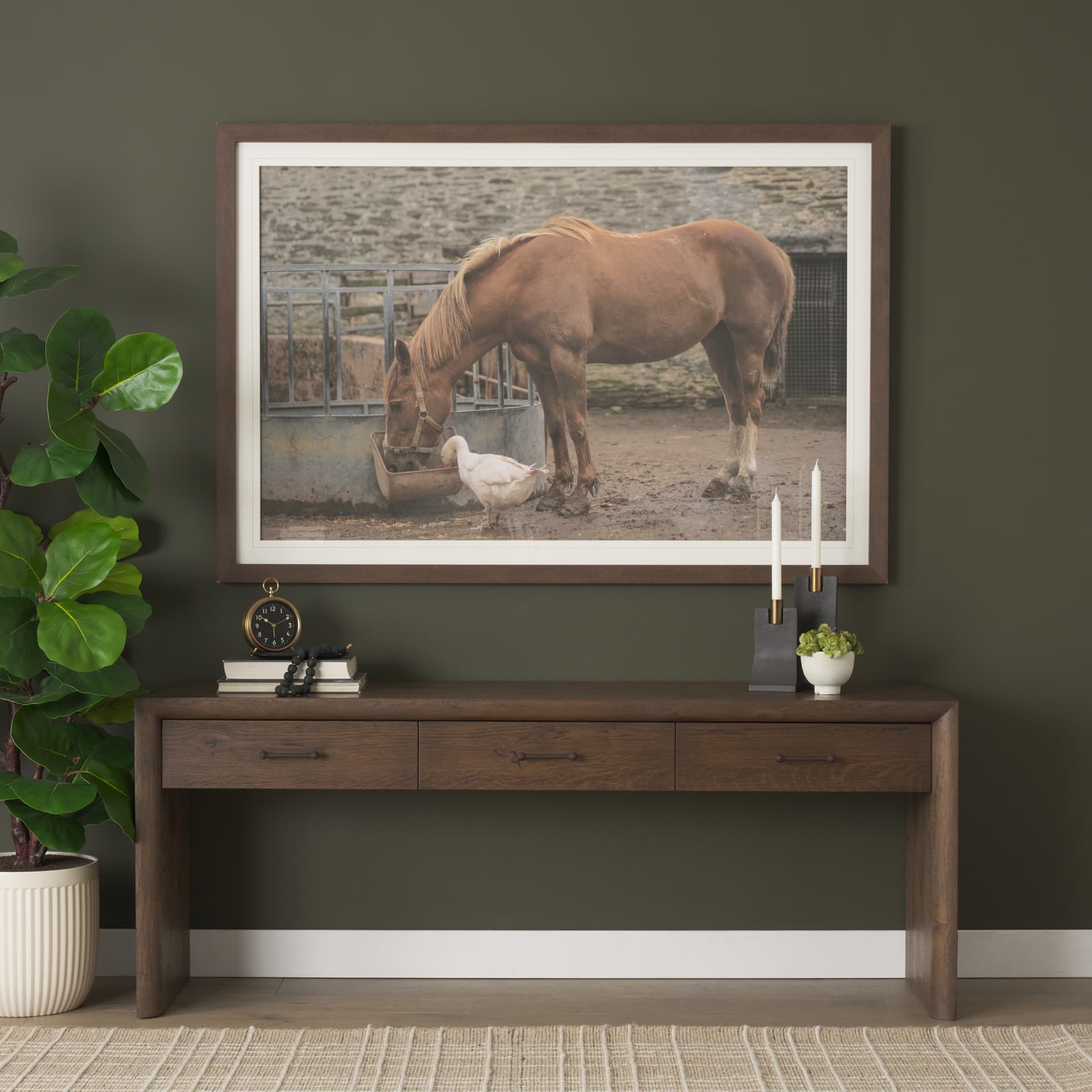 Belford 72" Dark Brown Oak Wood Console Table — in a styled room