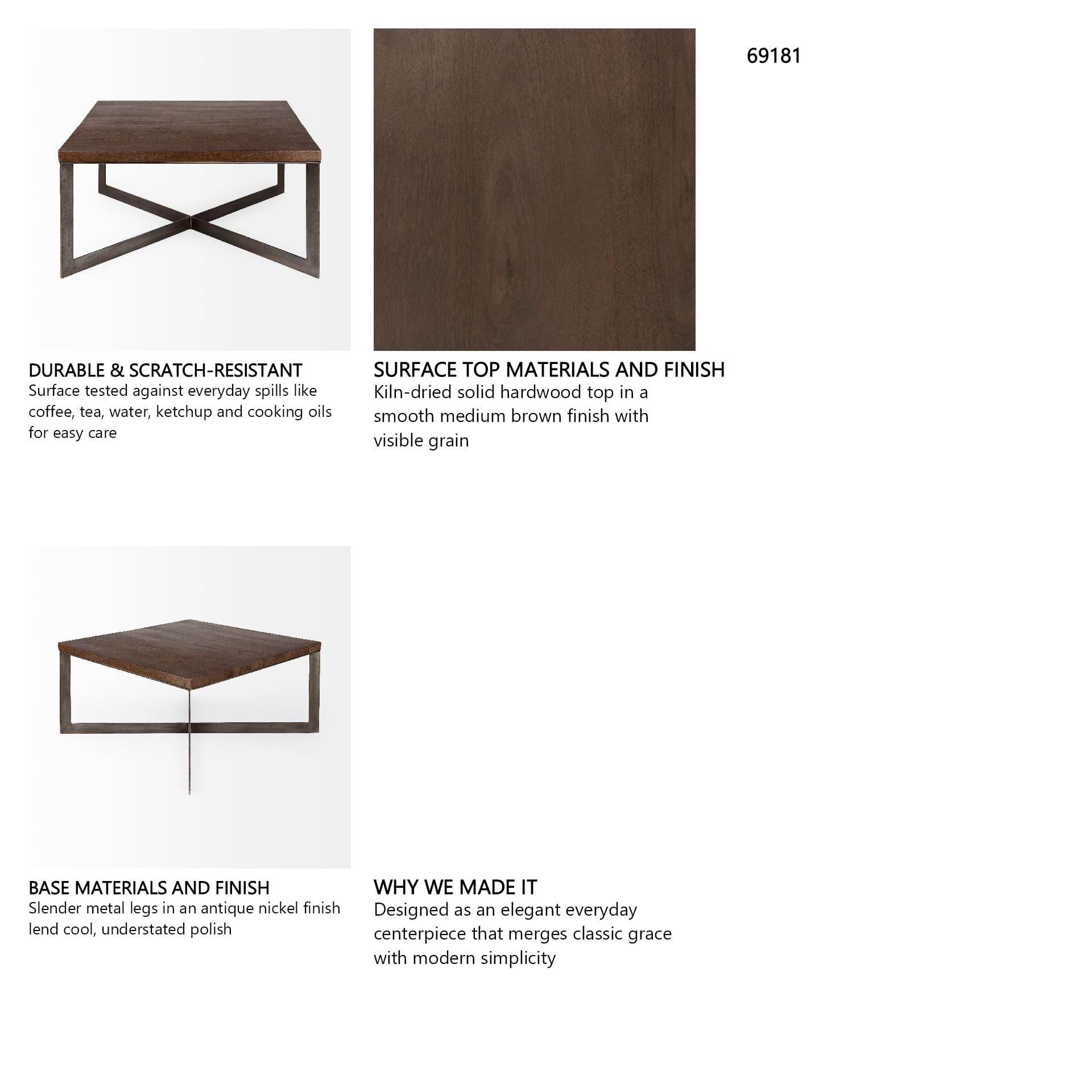 Faye 34L x 34W x 17H Medium Brown Wood W/Antique Nickel Metal Base Square Coffee Table — in a styled room
