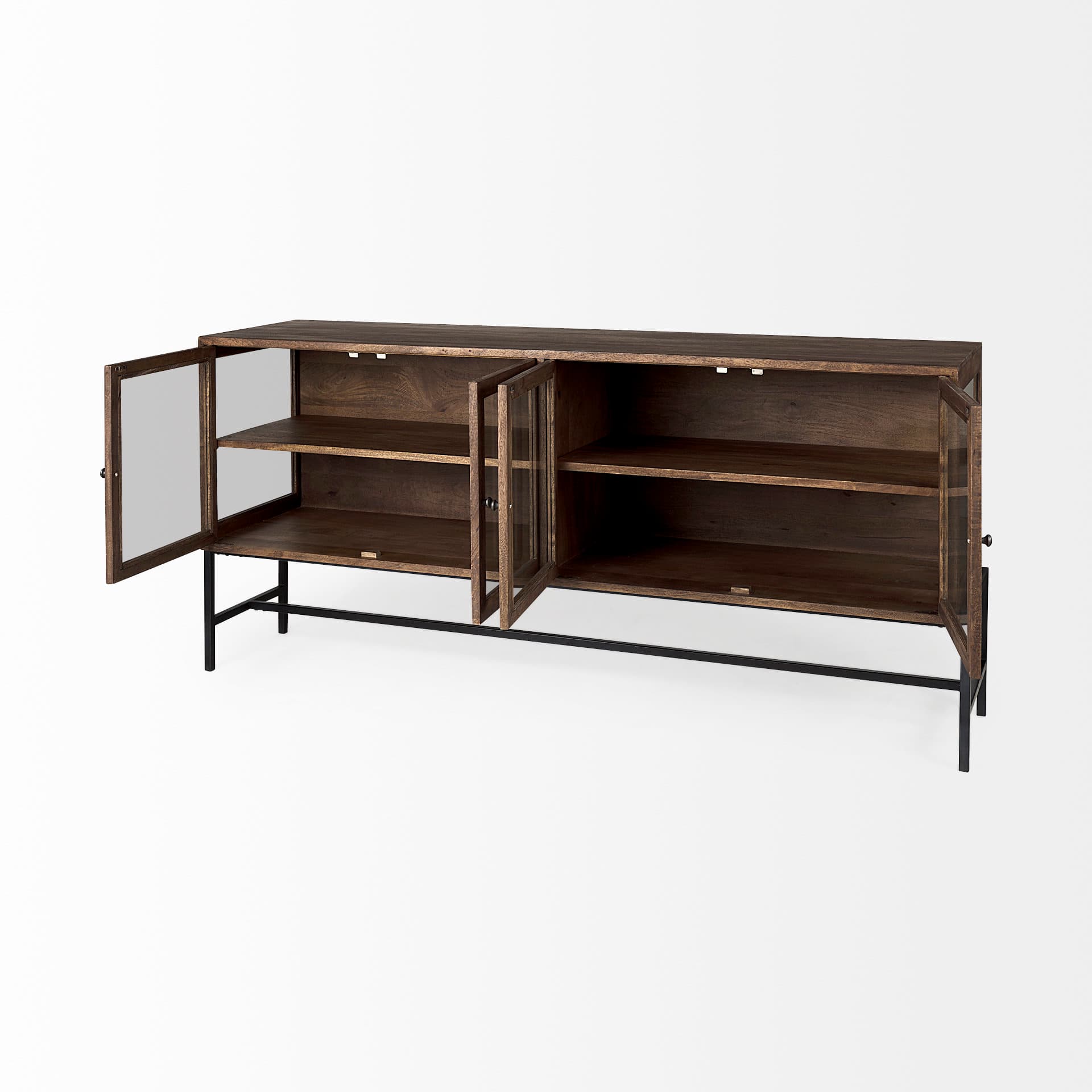 Arelius 70L x 18.75W x 32H Medium Brown, Black Metal Base w/ 4 Glass Door Cabinets Sideboard — product photograph