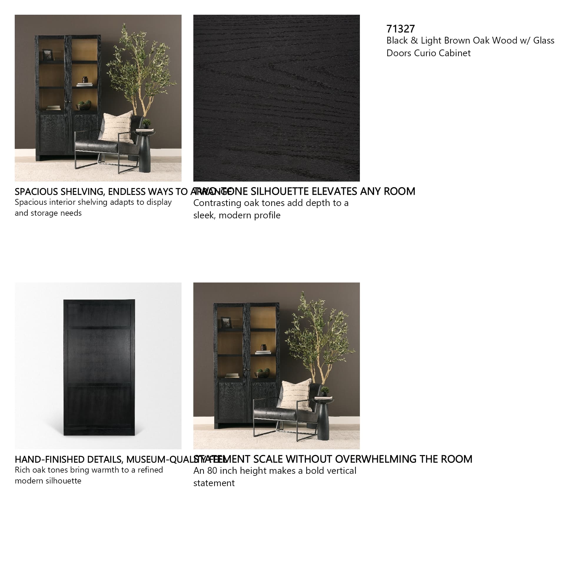 Henry Black & Light Brown Oak Wood w/ Glass Doors Curio Cabinet — in a styled room