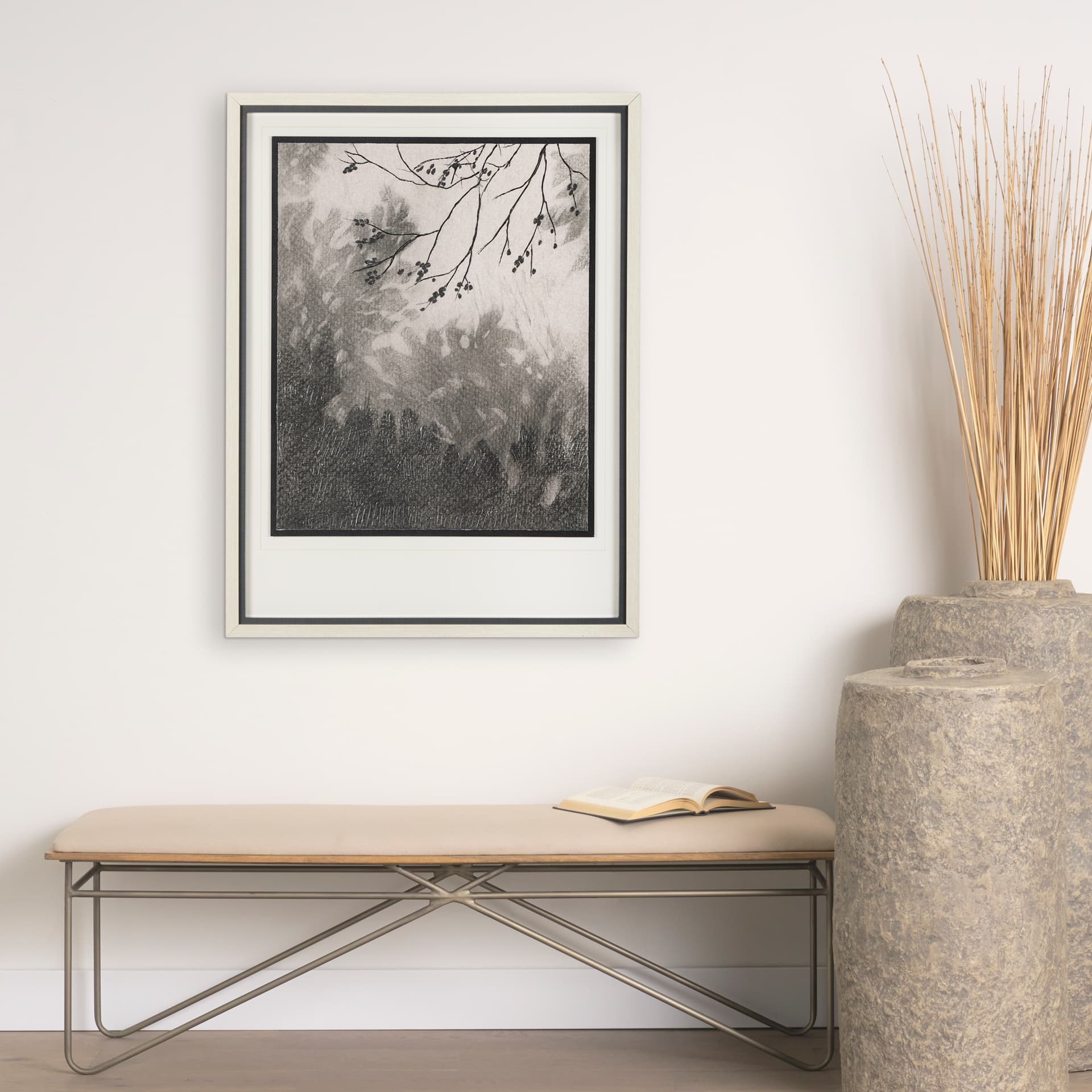 Leafy Shade II by Mercana Studio a Hand Embellished Textured Framed Art Print Matted under Glass — in a styled room