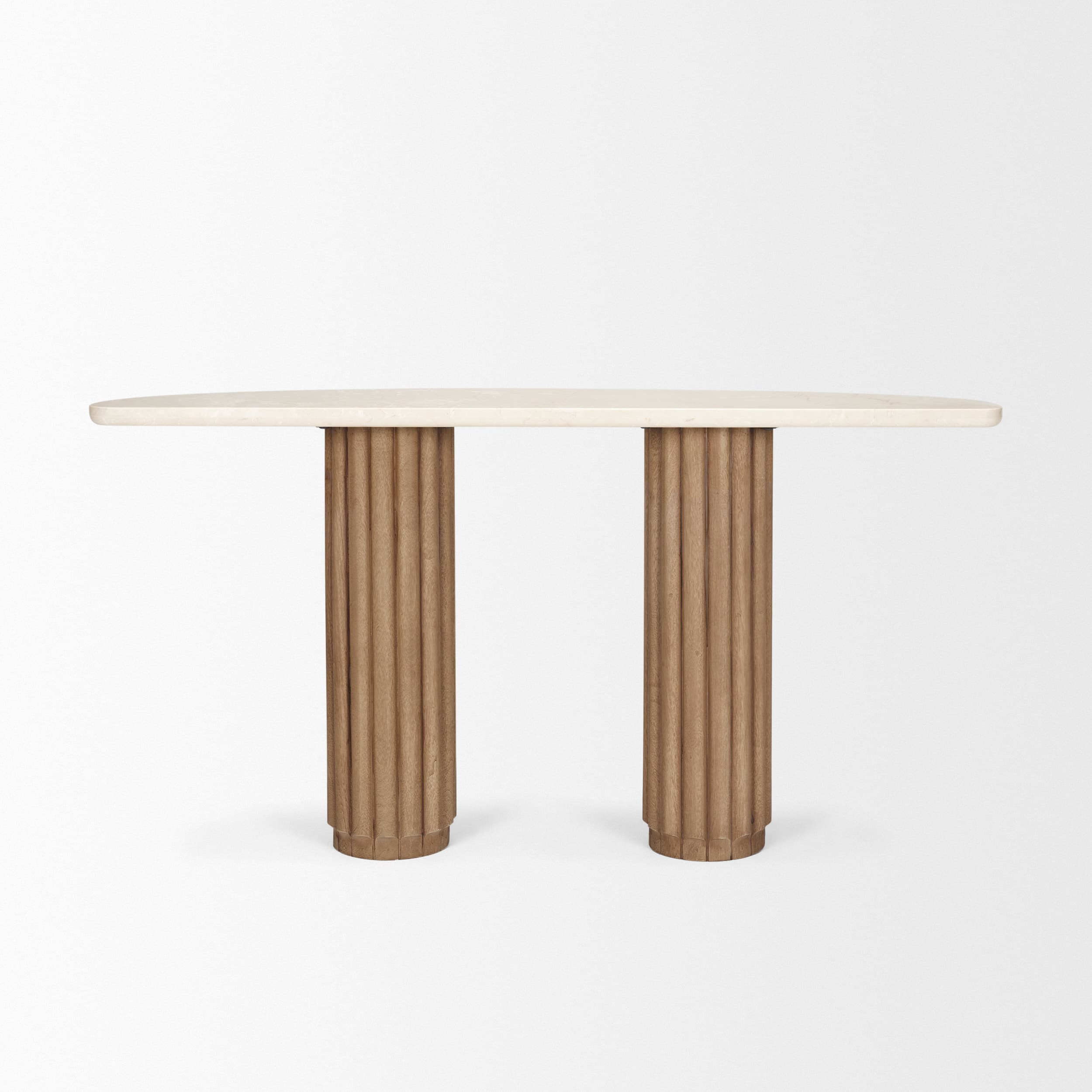 Marbrello Botticino Marble Top Light Brown Fluted Wood Half Moon Console Table — product photograph