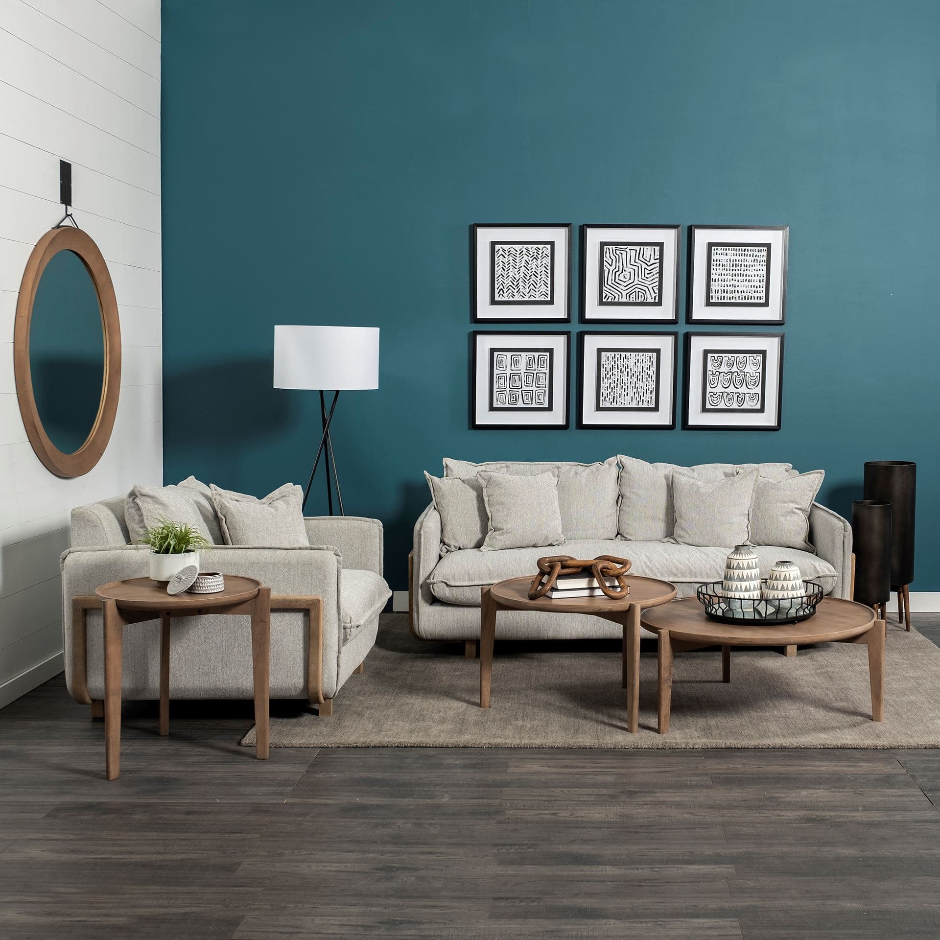 Roy II Frost Gray Upholstered and Brown Wood Frame Arm Chair — in a styled room
