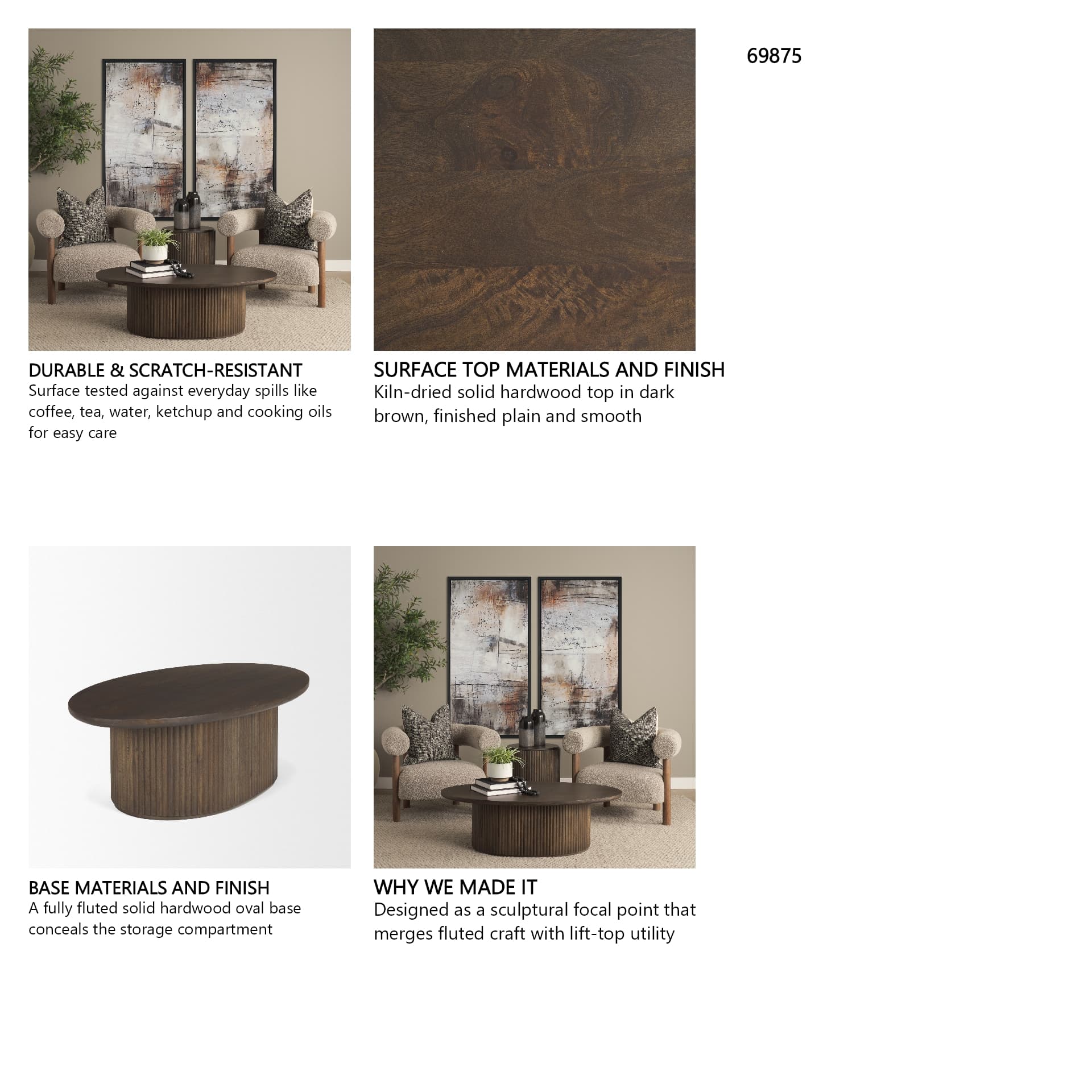 Terra 48L x 28W x 15H Dark Brown Wood Oval Fluted Coffee Table — in a styled room