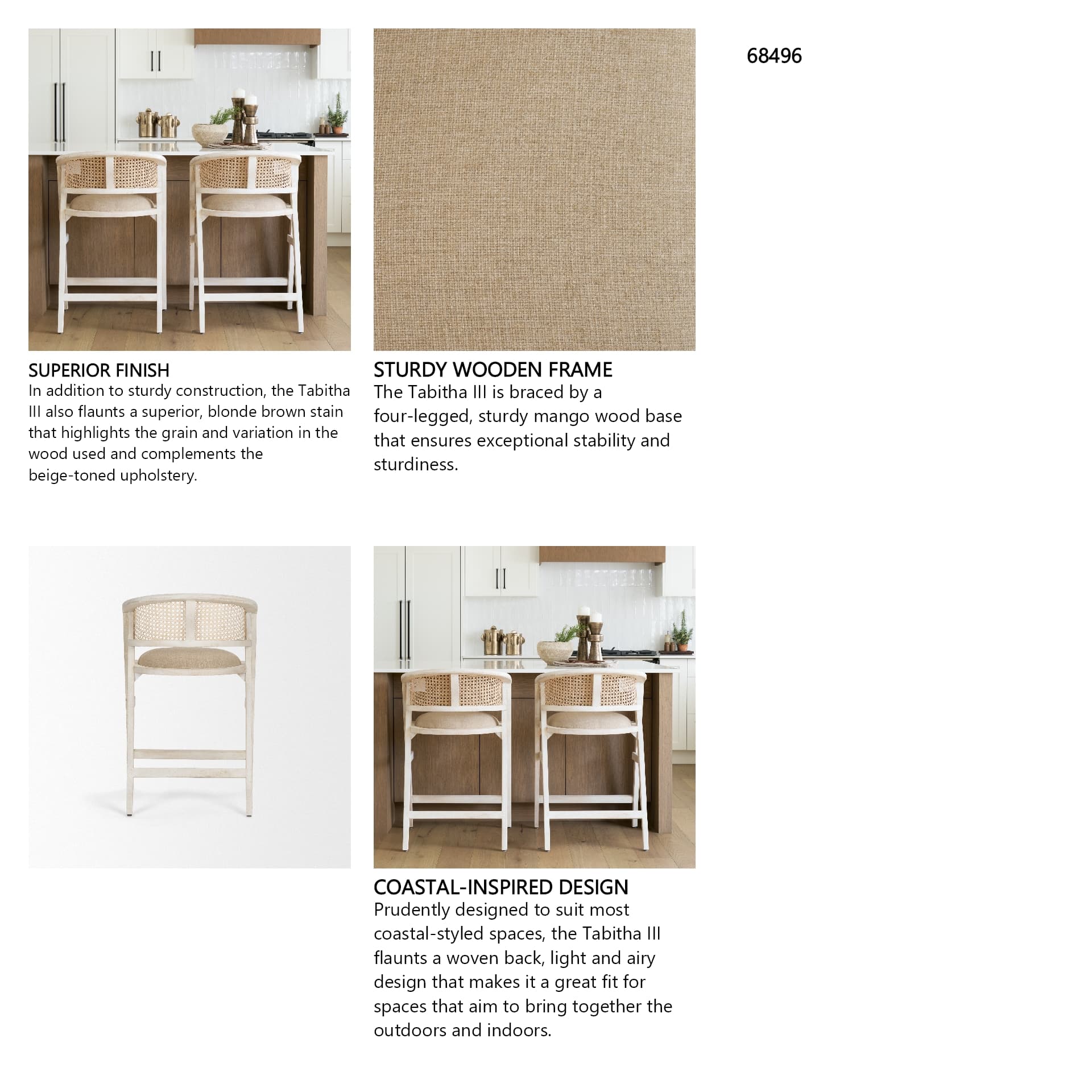 Tabitha Low Back 26.75in Seat Counter Stool | Beige Fabric w/ Wood — product photograph