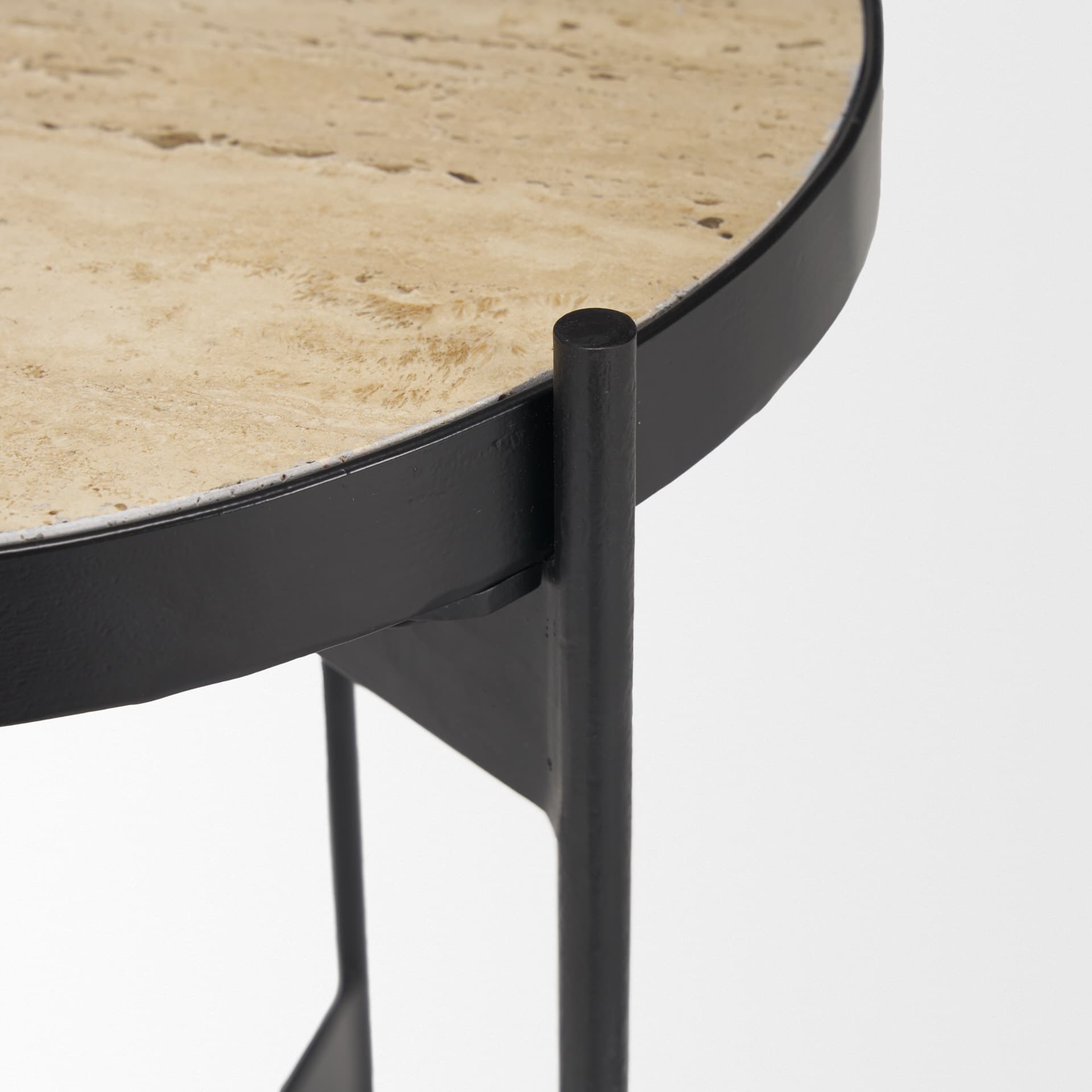 Wade Travertine Marble w/ Matte Black Metal End Tables — product photograph