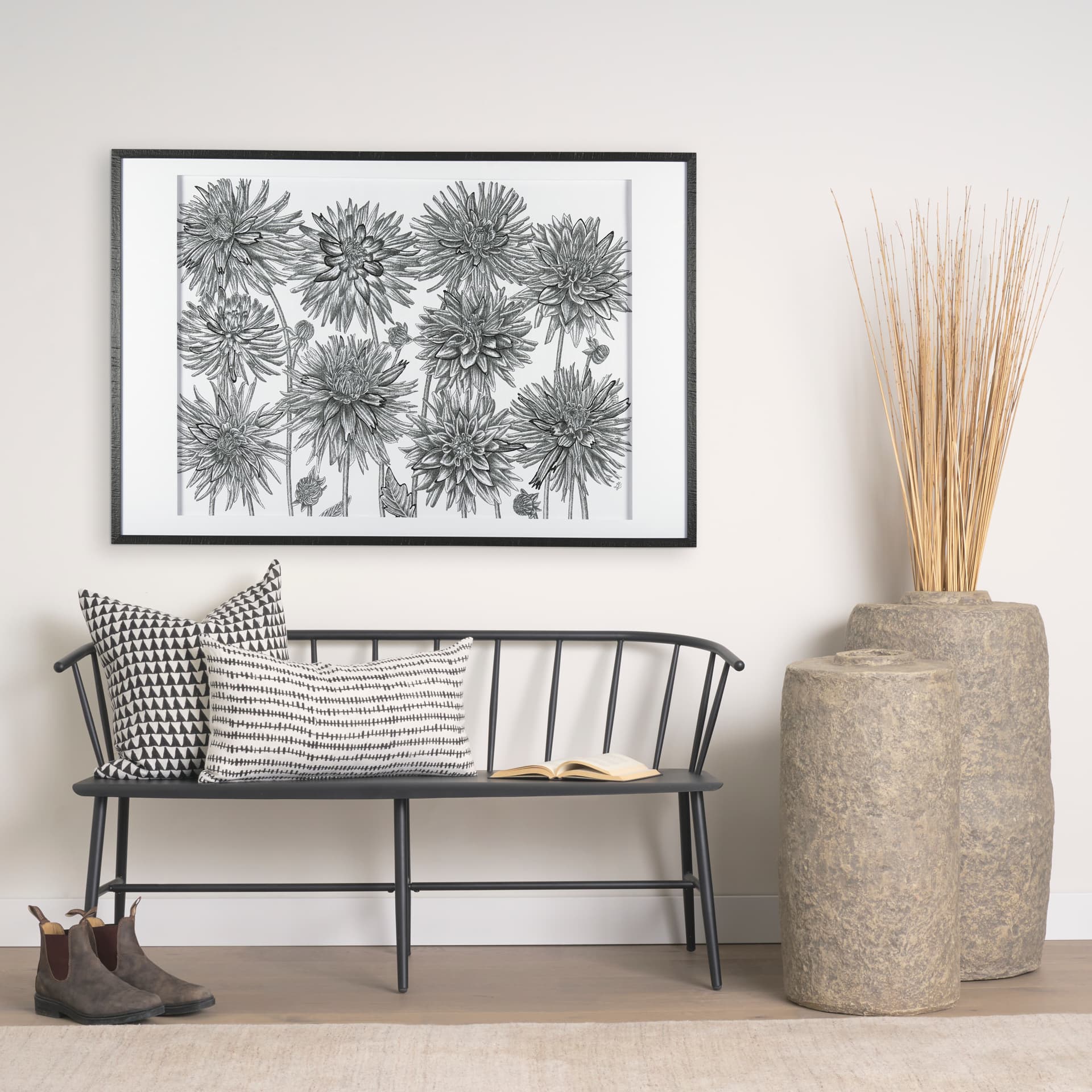 Jolie 22x22 Cream w/ Black Print Linen Square Pillow Cover w/Filler — in a styled room