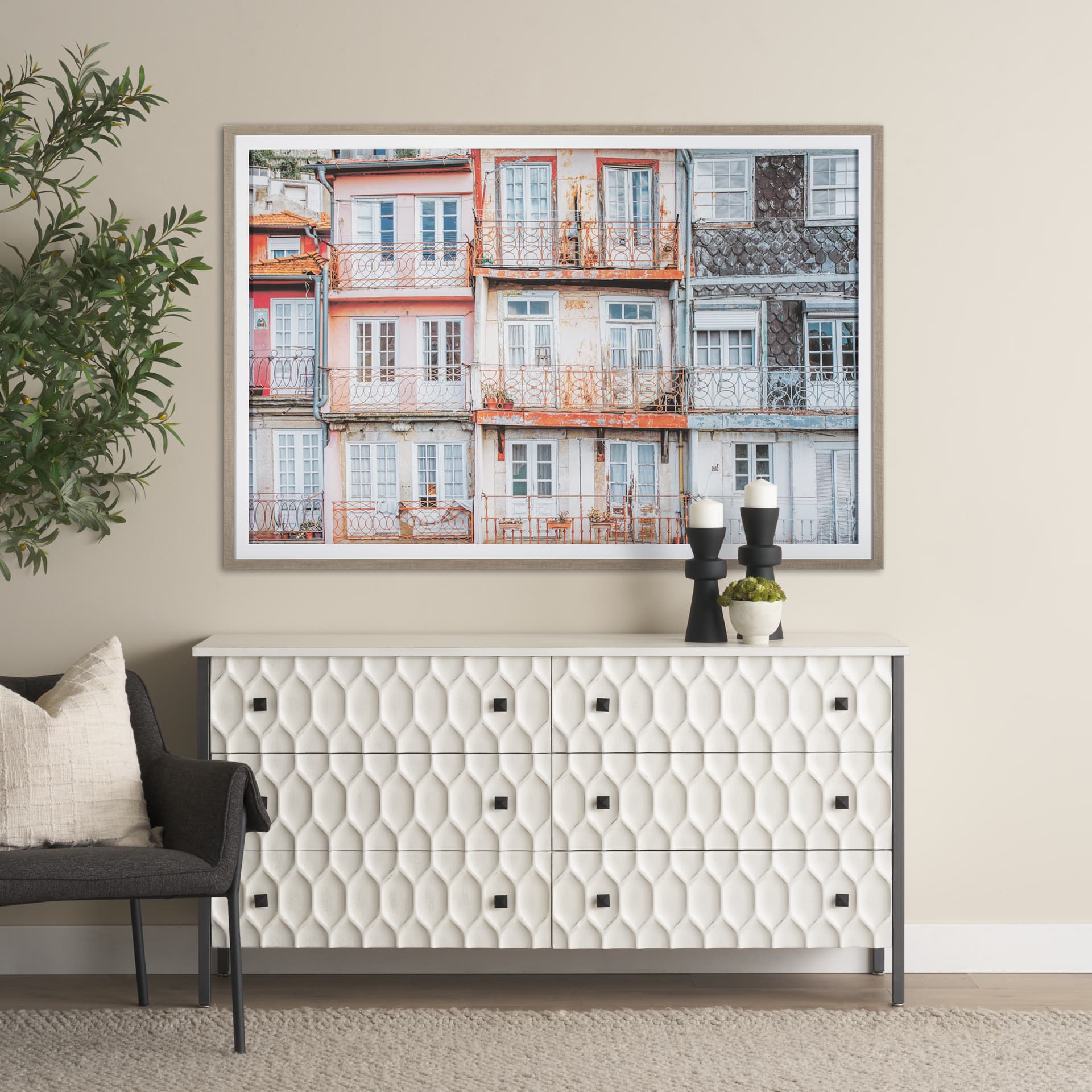 Porto Houses by Laura Marshall a Framed Photo Art Print Matted under Glass — in a styled room