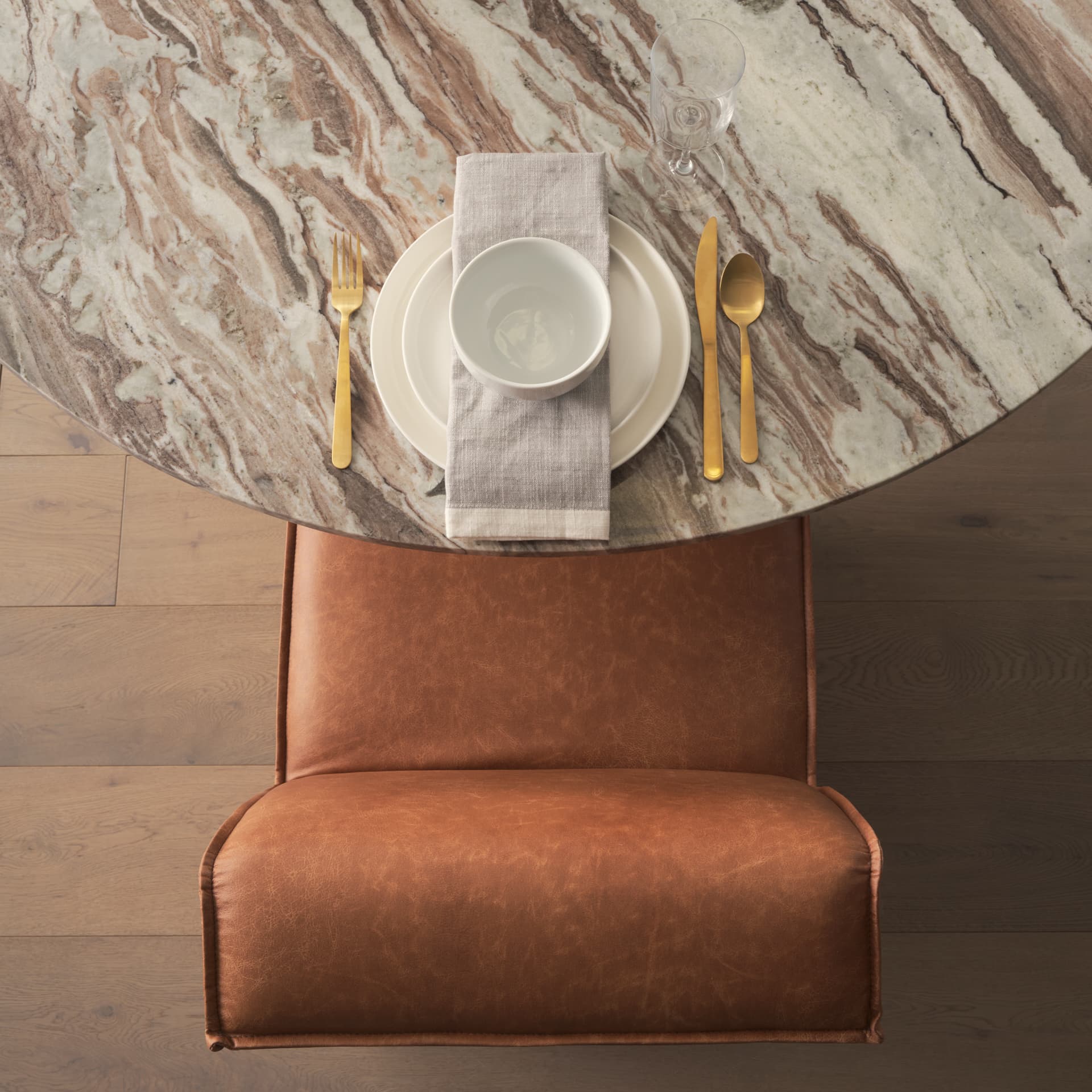 Damon Barrel Back Dining Arm Chair | Cognac Faux Leather w/ Casters — product photograph