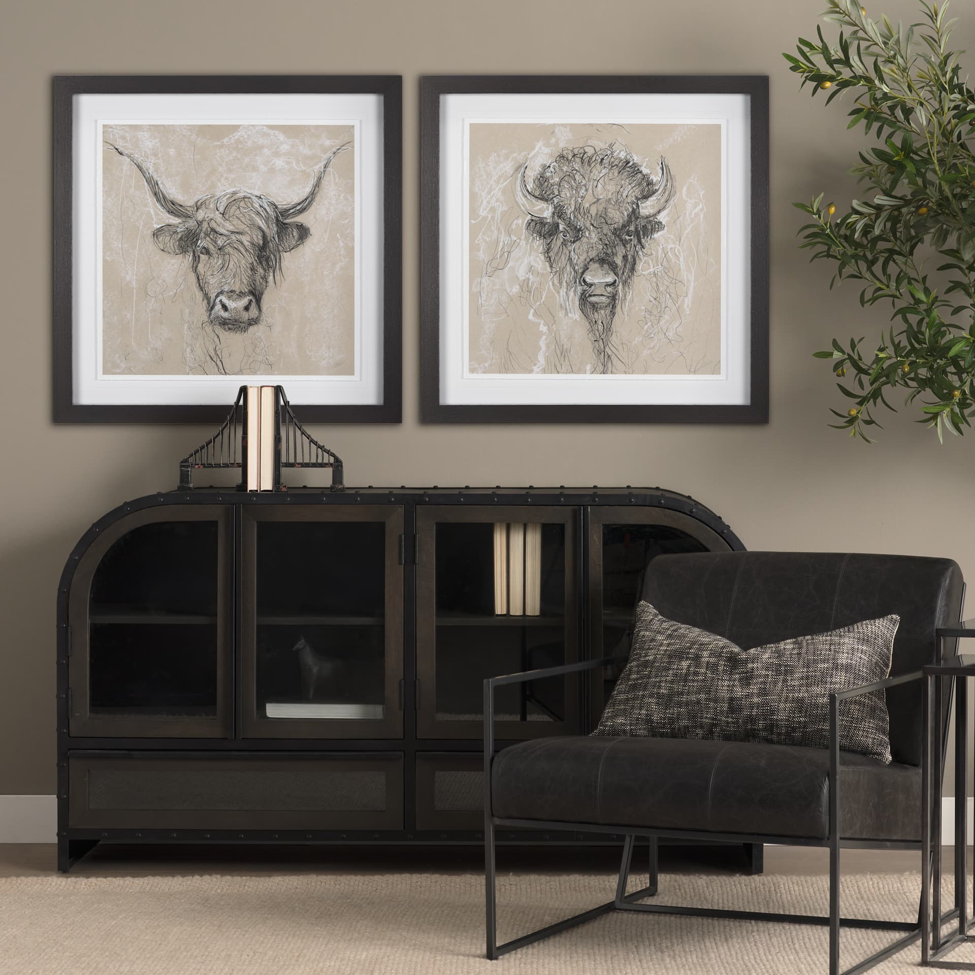 Sketch of Animal IX (Bison) by Mercana Studio Hand Embellished Framed Art Print Matted under Glass — in a styled room