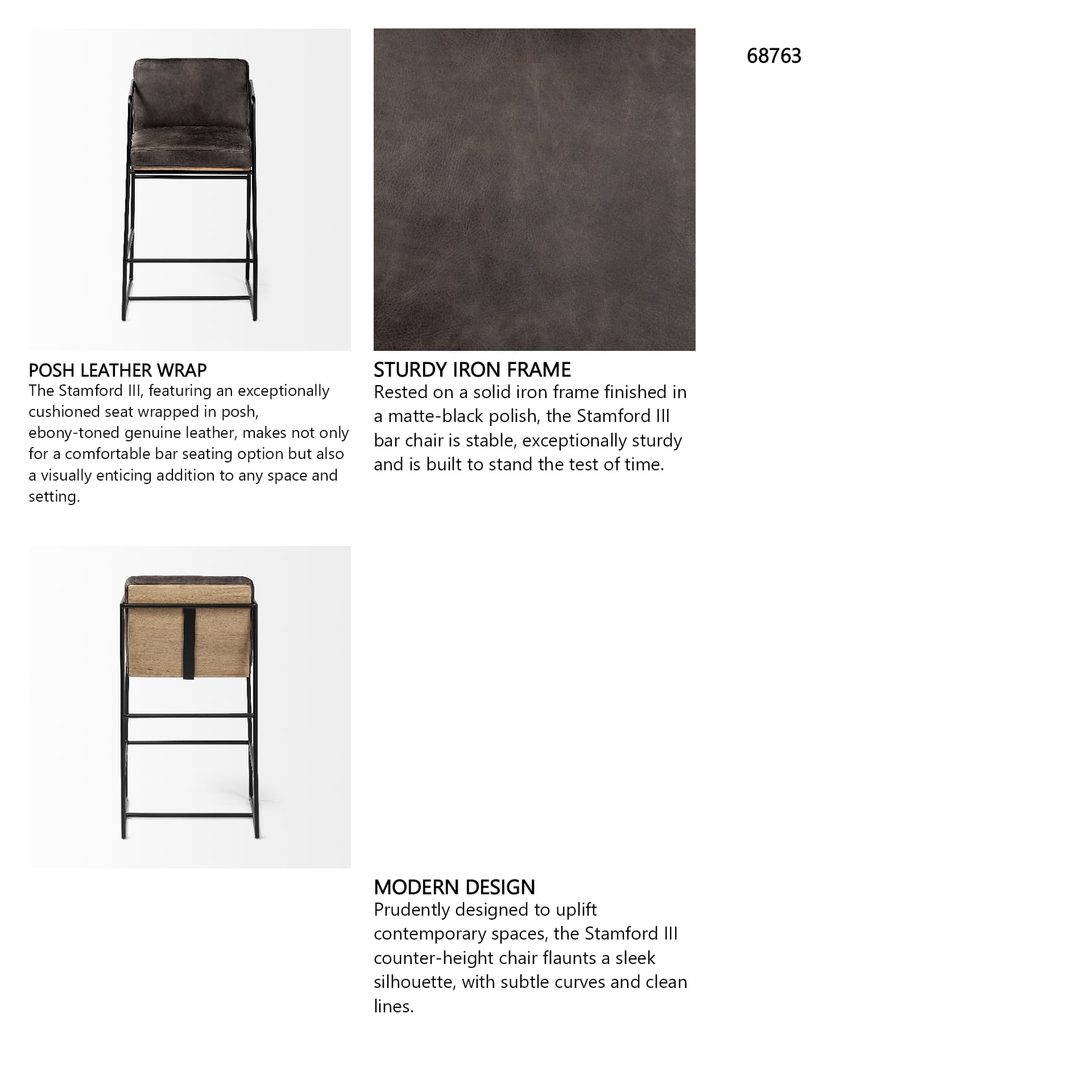 Stamford Backless 36.8in Seat Counter Stool | Black Leather w/ Metal — product photograph