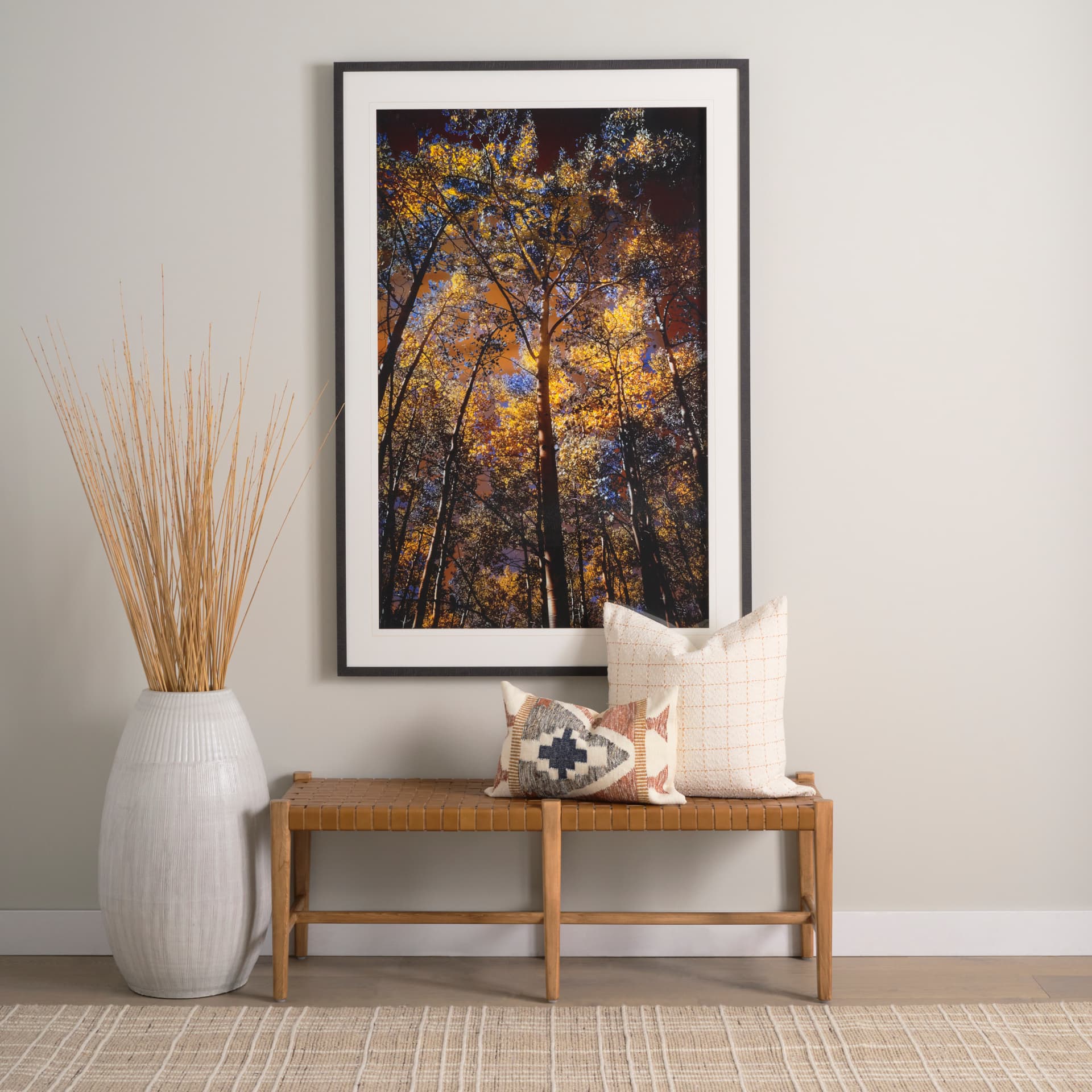 Shane Brown Wood w/ Woven Brown Leather Bench — product photograph