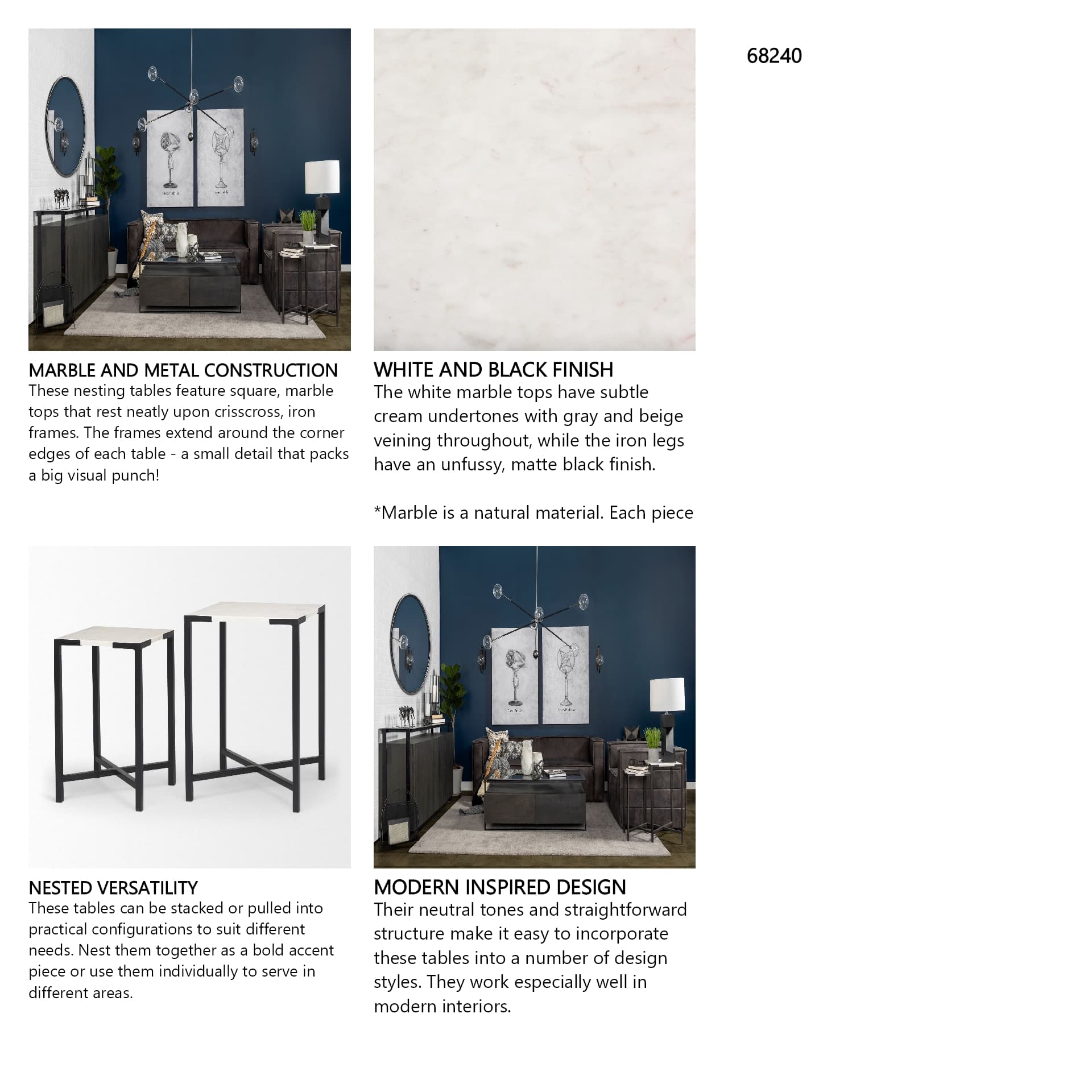 Lucas III (Set of 2) 15L x 15W; 12L x 12W White Marble W/Black Iron Frame Accent Tables — in a styled room