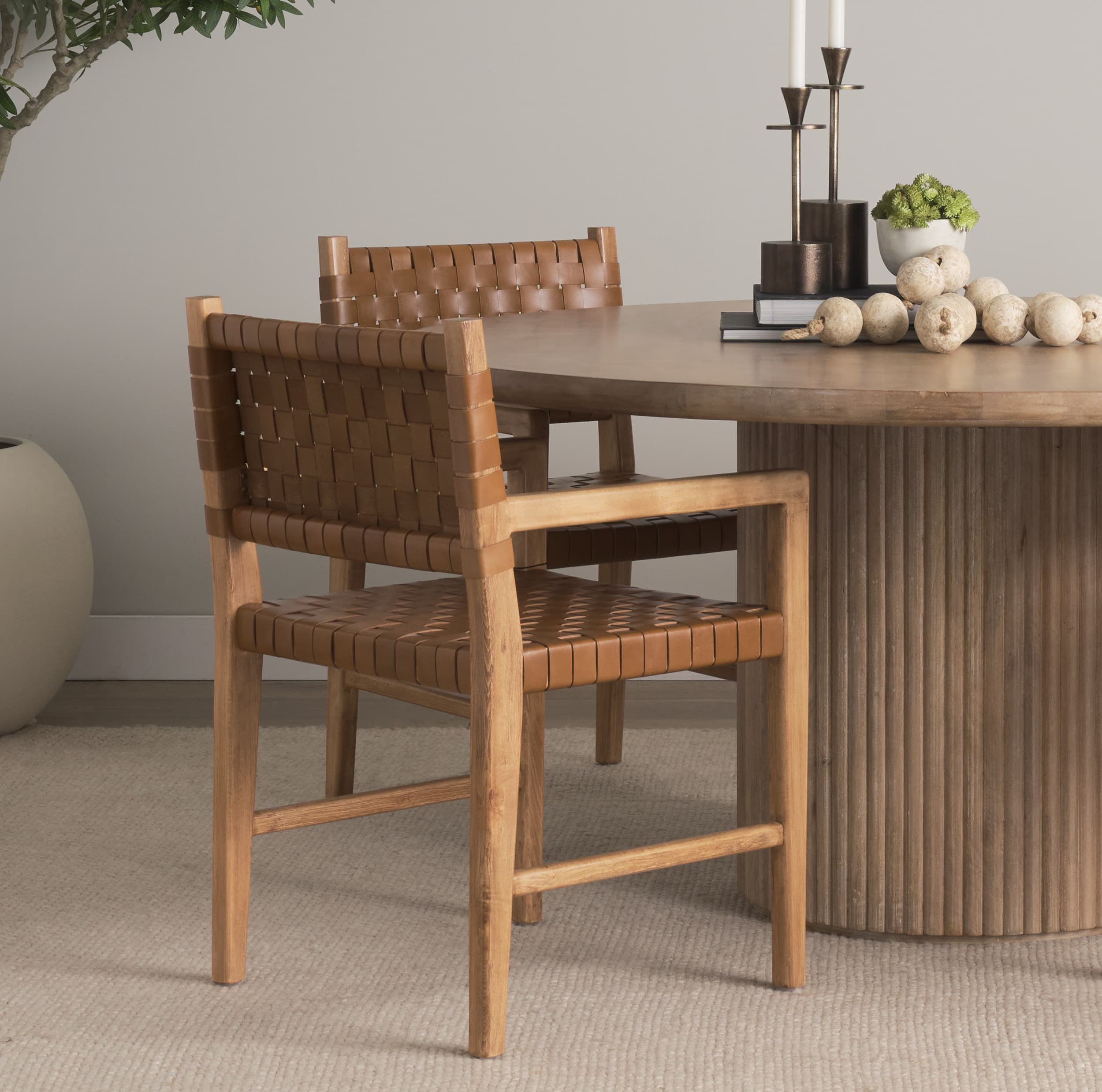Shane Curved Back Dining Arm Chair | Woven Brown Leather w/ Brown Wood — product photograph