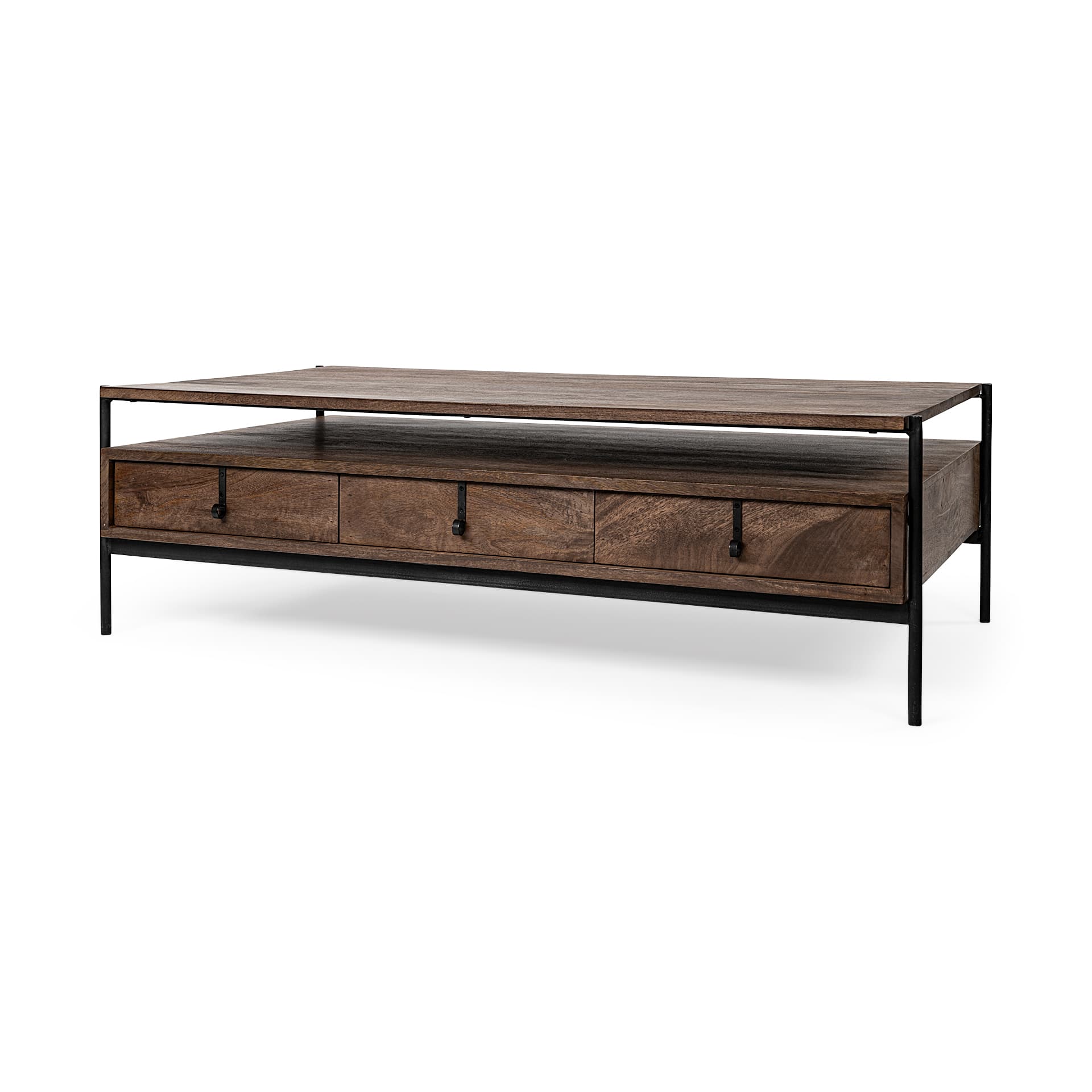 Glenn II 54x30 Dark Brown Wood w/ Black Iron Frame, Rectangle 3 Drawers Coffee Table — product photograph