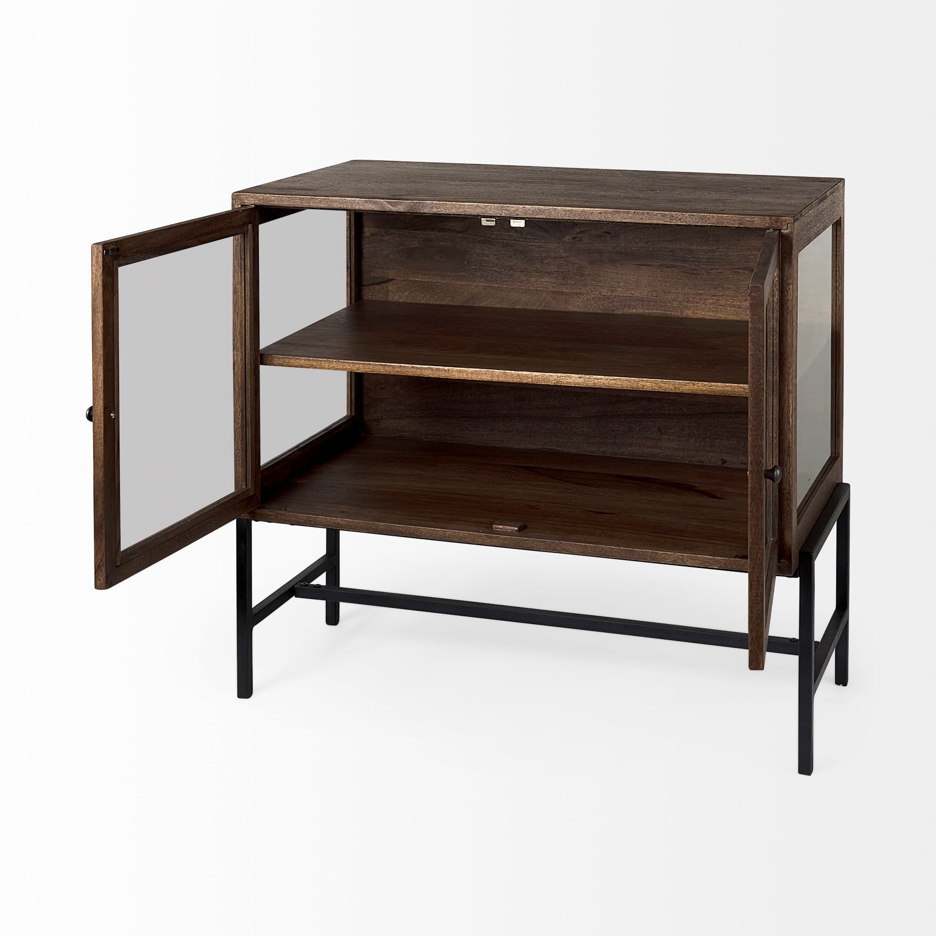 Arelius 36L x 18W x 32H Medium Brown Wood, Black Metal Base w/ 2 Glass Doors Accent Cabinet — product photograph
