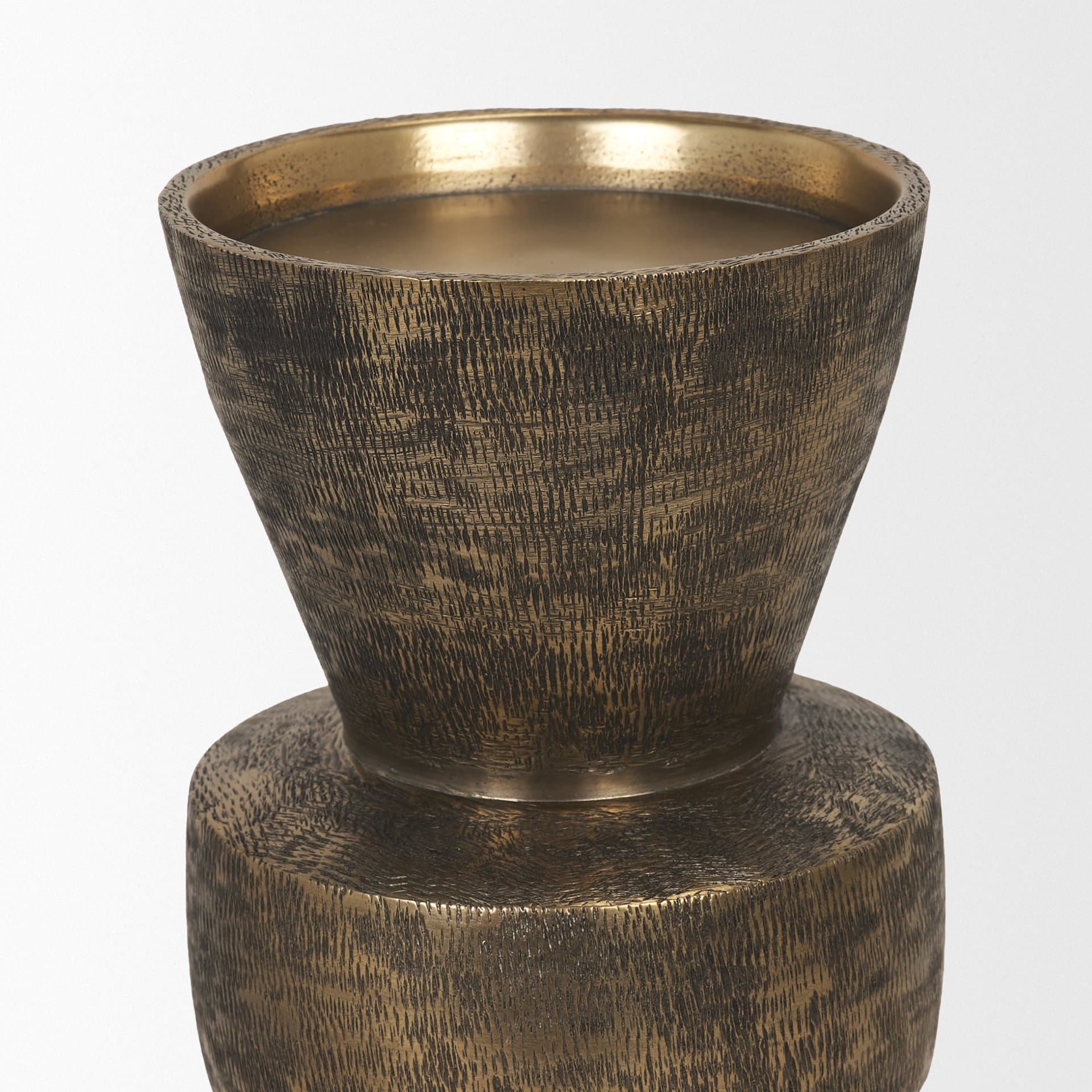Odilia Small Textured Antiqued Gold Metal Geometric Pillar Candle Holder — product photograph