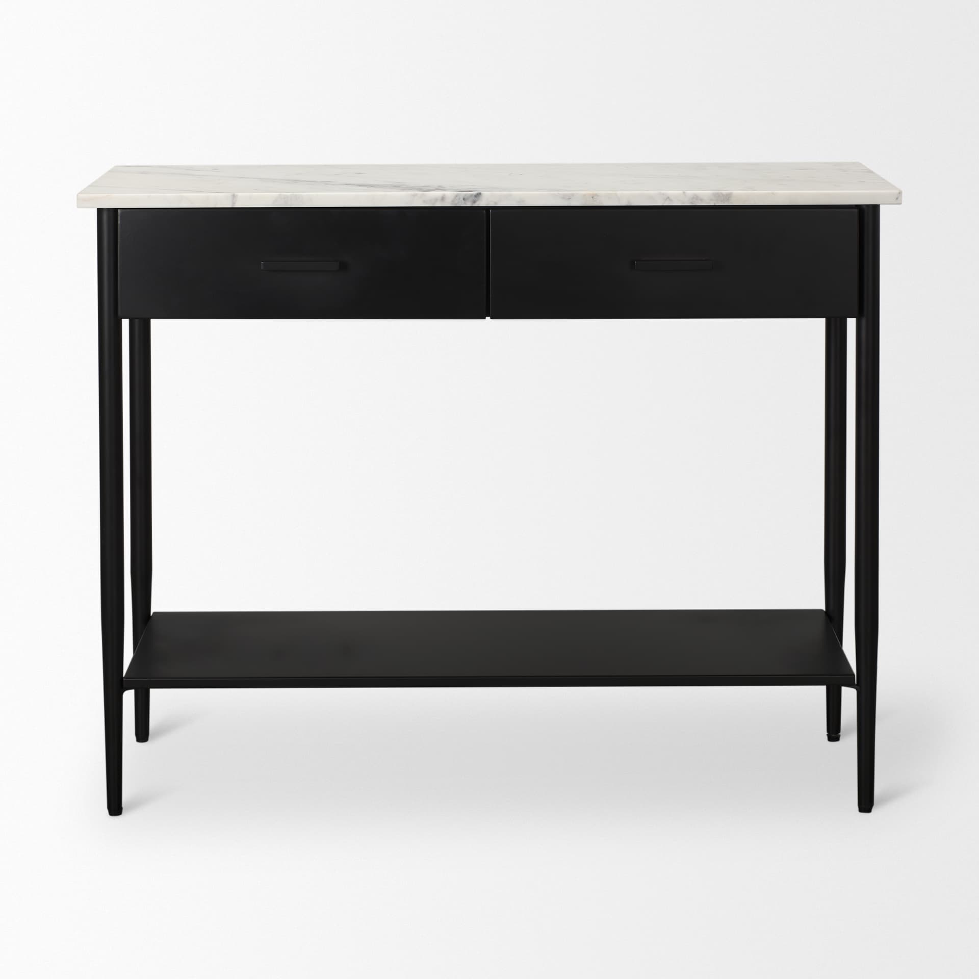 Amika White Marble Top Black Metal Base Console Table — product photograph