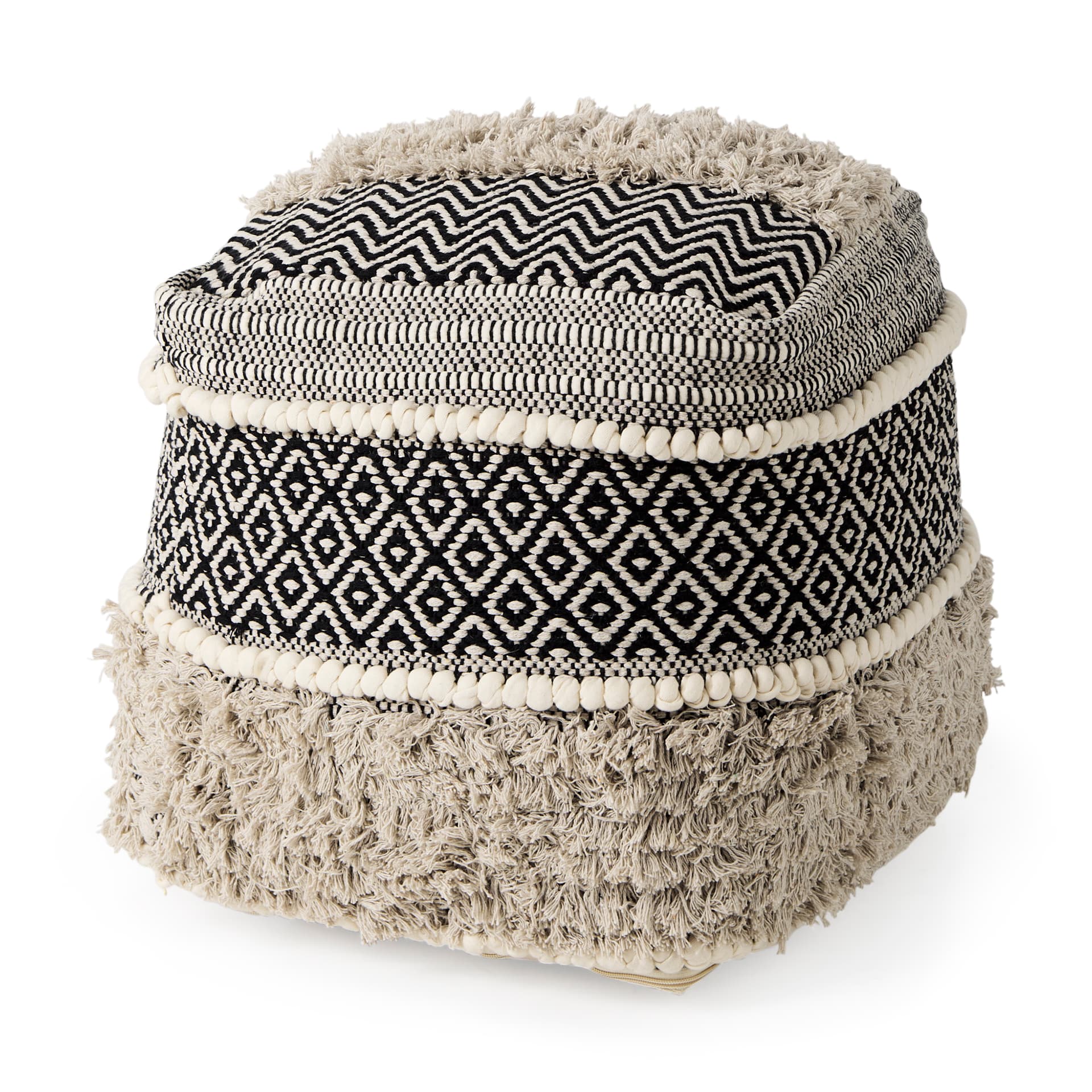 Darika 16.0L x 16.0W x 16.0H Black/White/Gray Cotton Pouf — product photograph