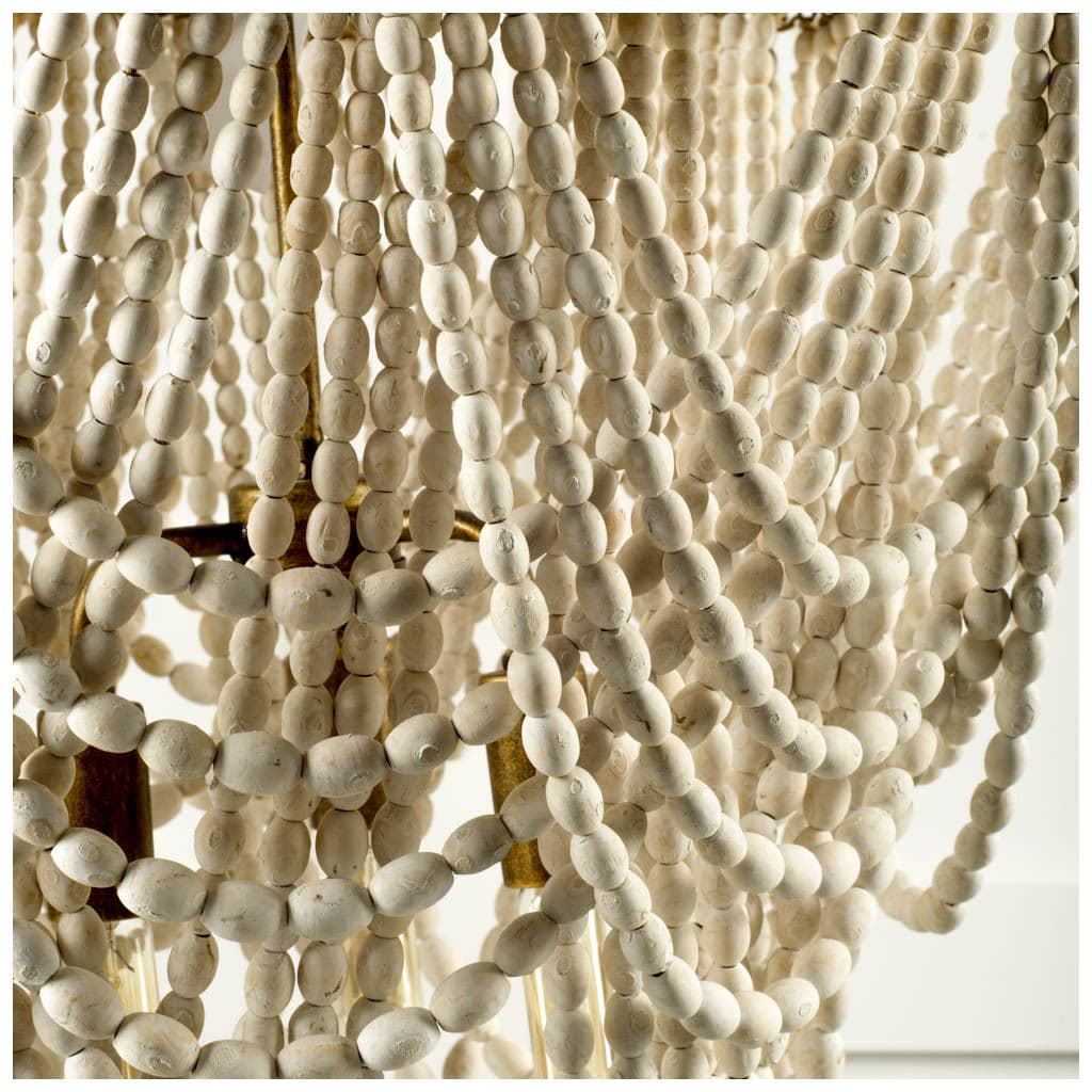 Pendra (26"x23") Gold Metal Whitewashed Wooden Bead Three Bulb Chandelier — product photograph