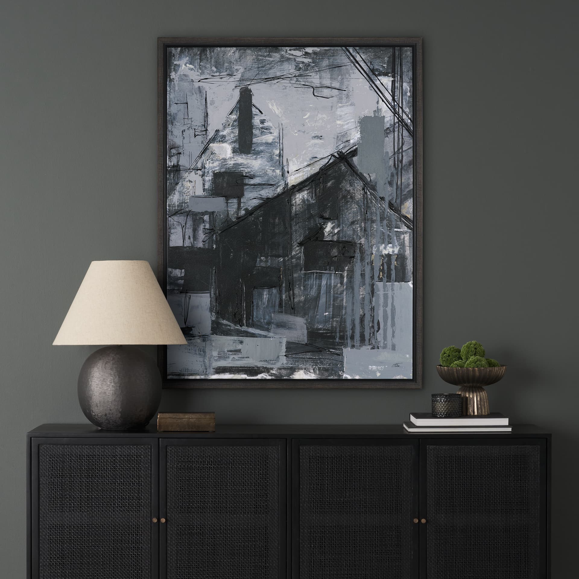 Community 1A by Mercana Studio Hand-Embellished Textured Framed Canvas Artwork — in a styled room