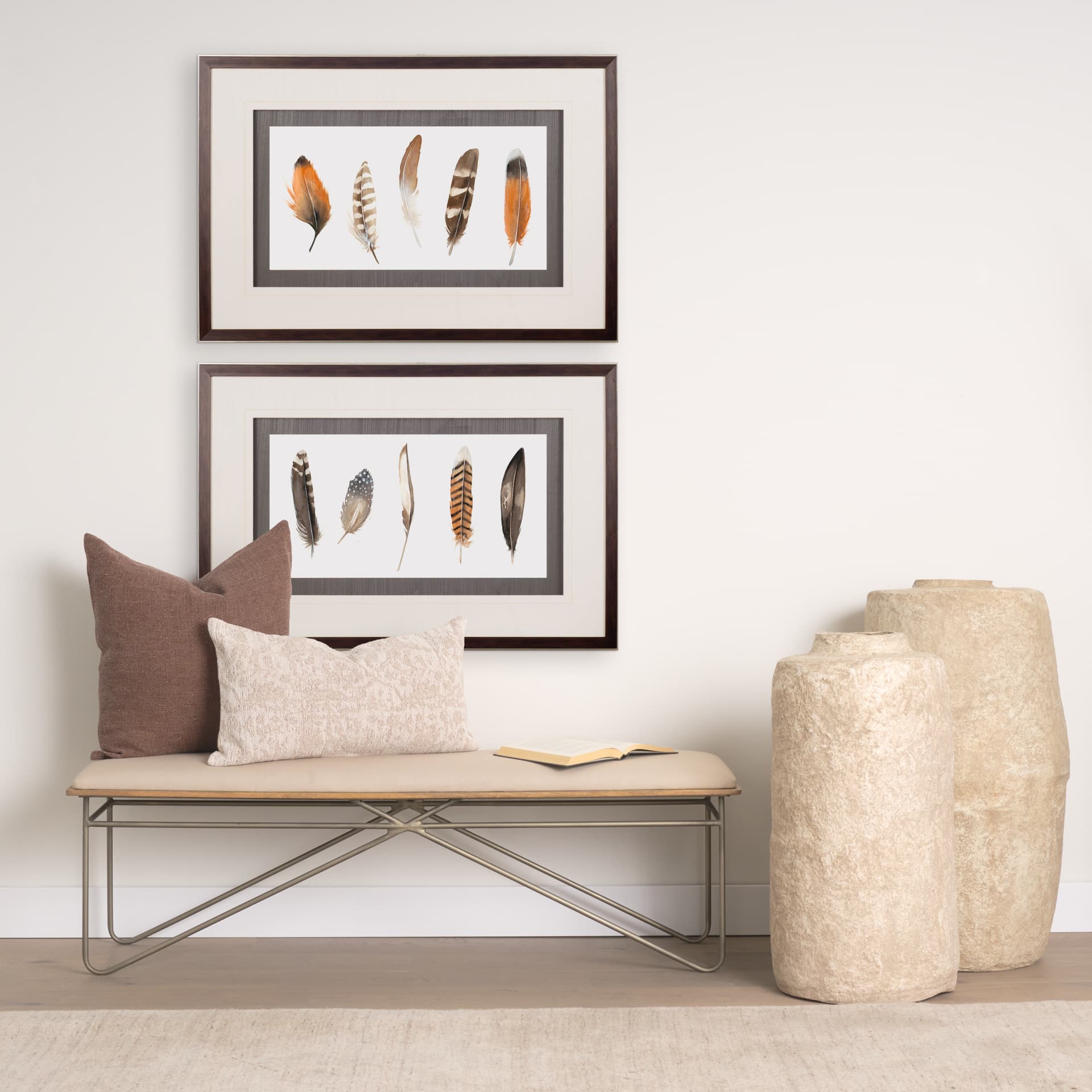 Red Rock Feathers I by Grace Popp a Hand Embellished Textured Framed Art Print Matted under Glass — in a styled room